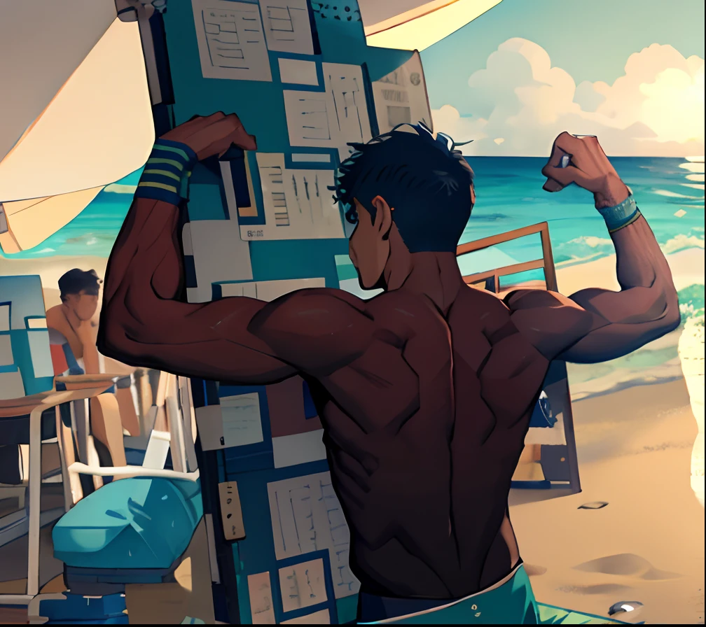 Male, handsome, muscular, beach, blue underwear, playful.