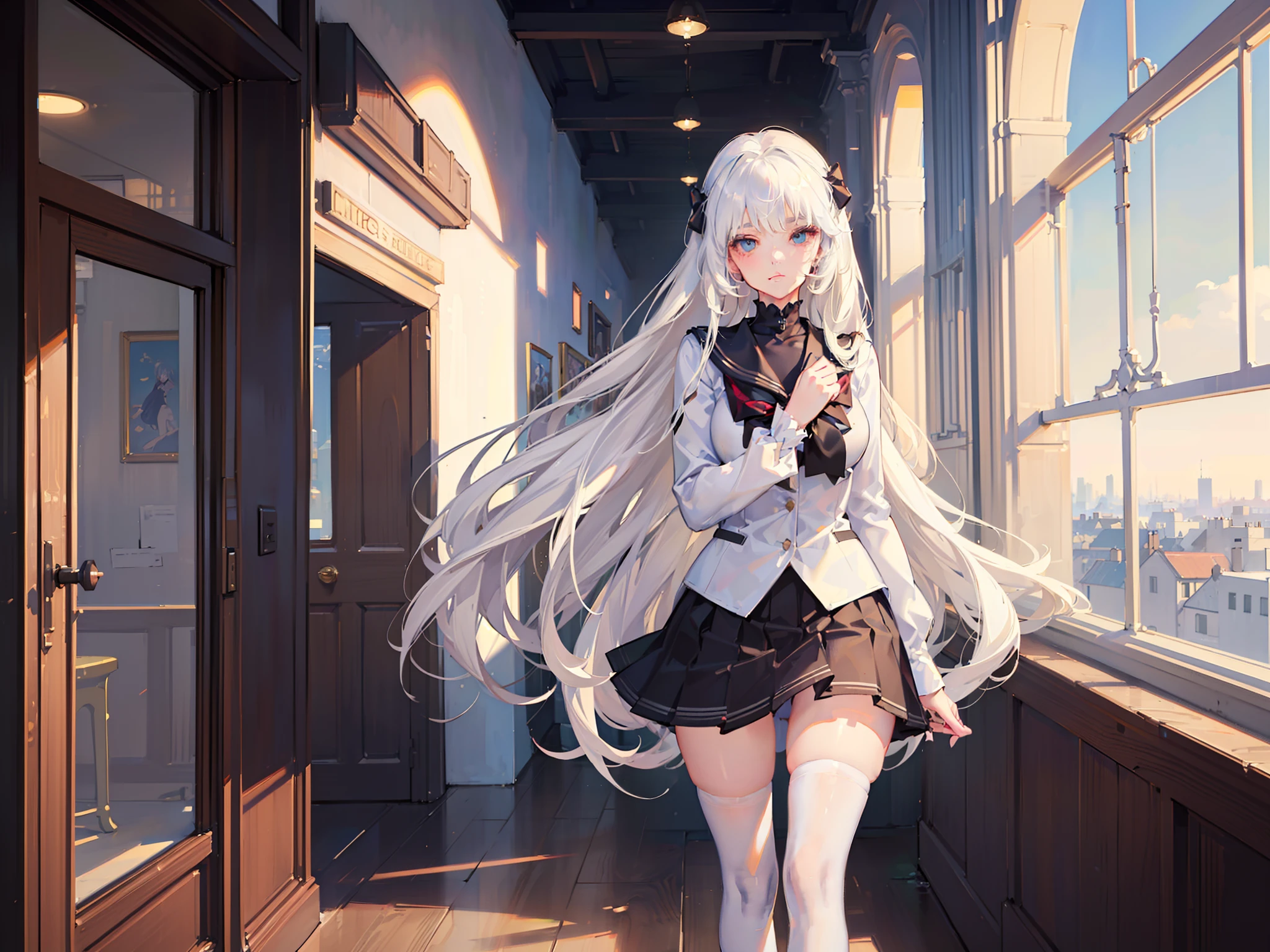 ((Masterpiece,full bodyesbian,schoolgirls,being thin》),High details,Best quality.
8K,(Soft light),Cinematic light,Beautiful eyes,
1girll,White hair,white stockings,cozily,clean and meticulous anime art,
art trend,gentlesoftlighting