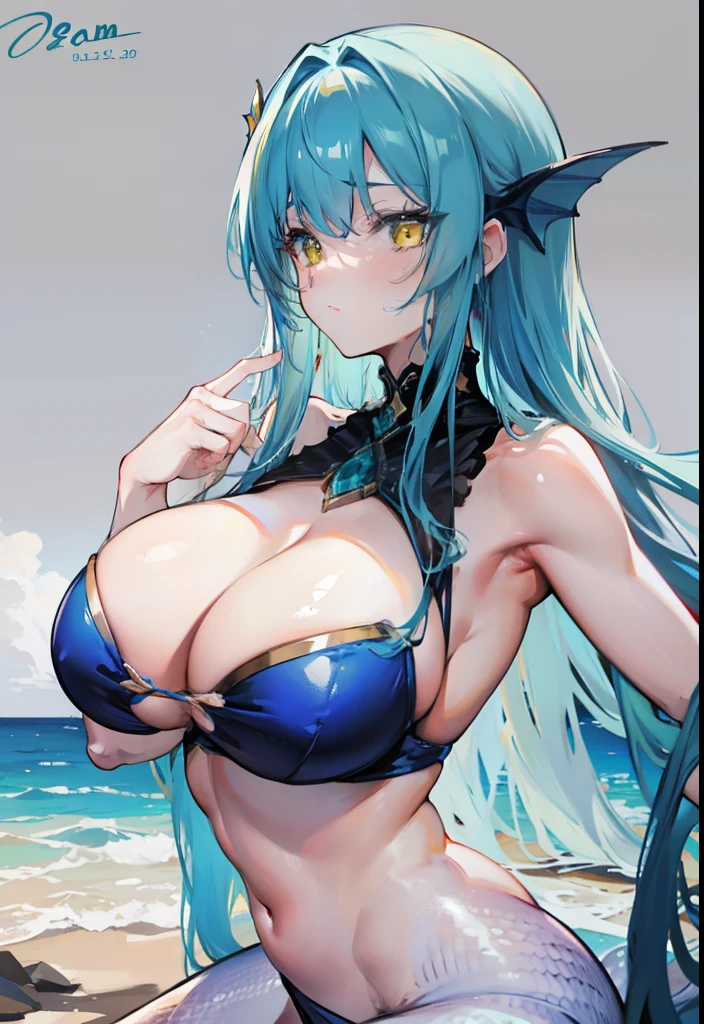 Long curvy hair in ocean blue，Sexy big breasts，Affectionate yellow eyes，Beautiful mermaid girl