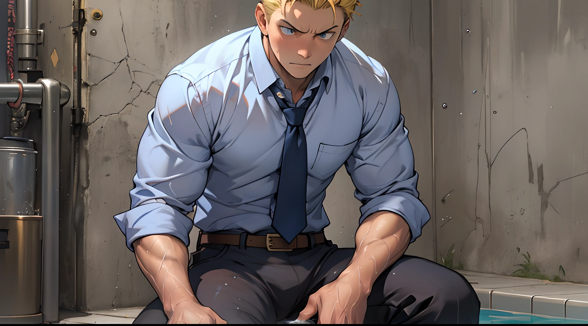 （1 Adult male），A high resolution， Sharp focus， Pixiv masterpiece， （（Complicated details））， highly  detailed， natsuki_subaru， 1 man，sit astride， Lazy，CRIT，full bodyesbian，Stretch out， blue color eyes（eyes glowing）， Short yellow hair，white  shirt，Wear a tie，Wear a belt，perspire，rain，Drenched，Sweaty crotch，look from down