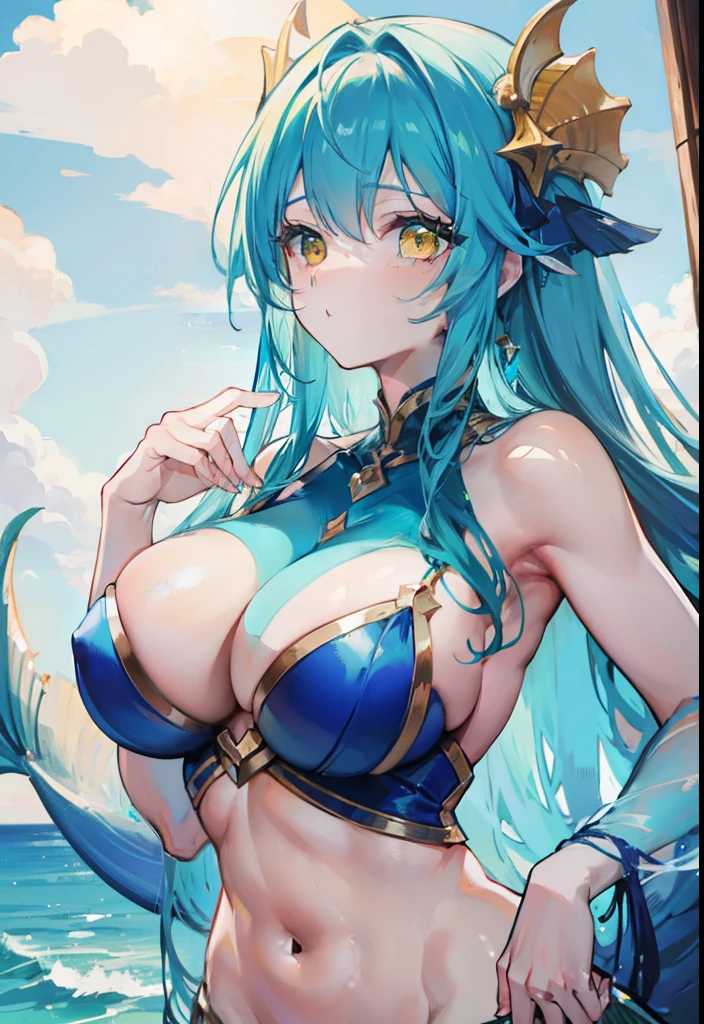 Long curvy hair in ocean blue,Sexy big breasts,Affectionate yellow eyes,Beautiful mermaid girl
