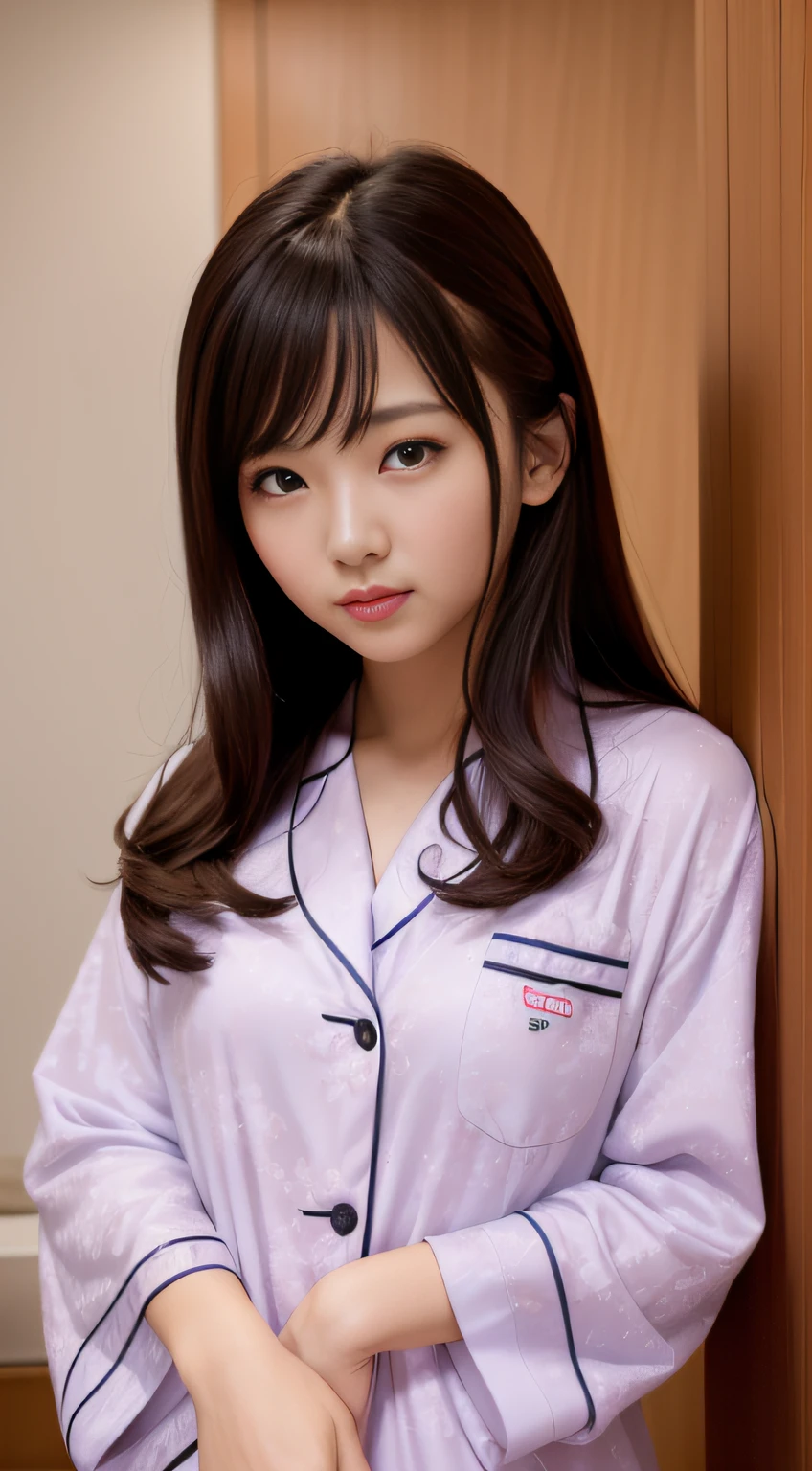 hightquality、​masterpiece、ultra res、a beauty girl、Beautiful girl face、cute girl face、s Pajamas、wearing pajamas、full bodyesbian、Famous actresses of Japan、very beautiful face、A sexy