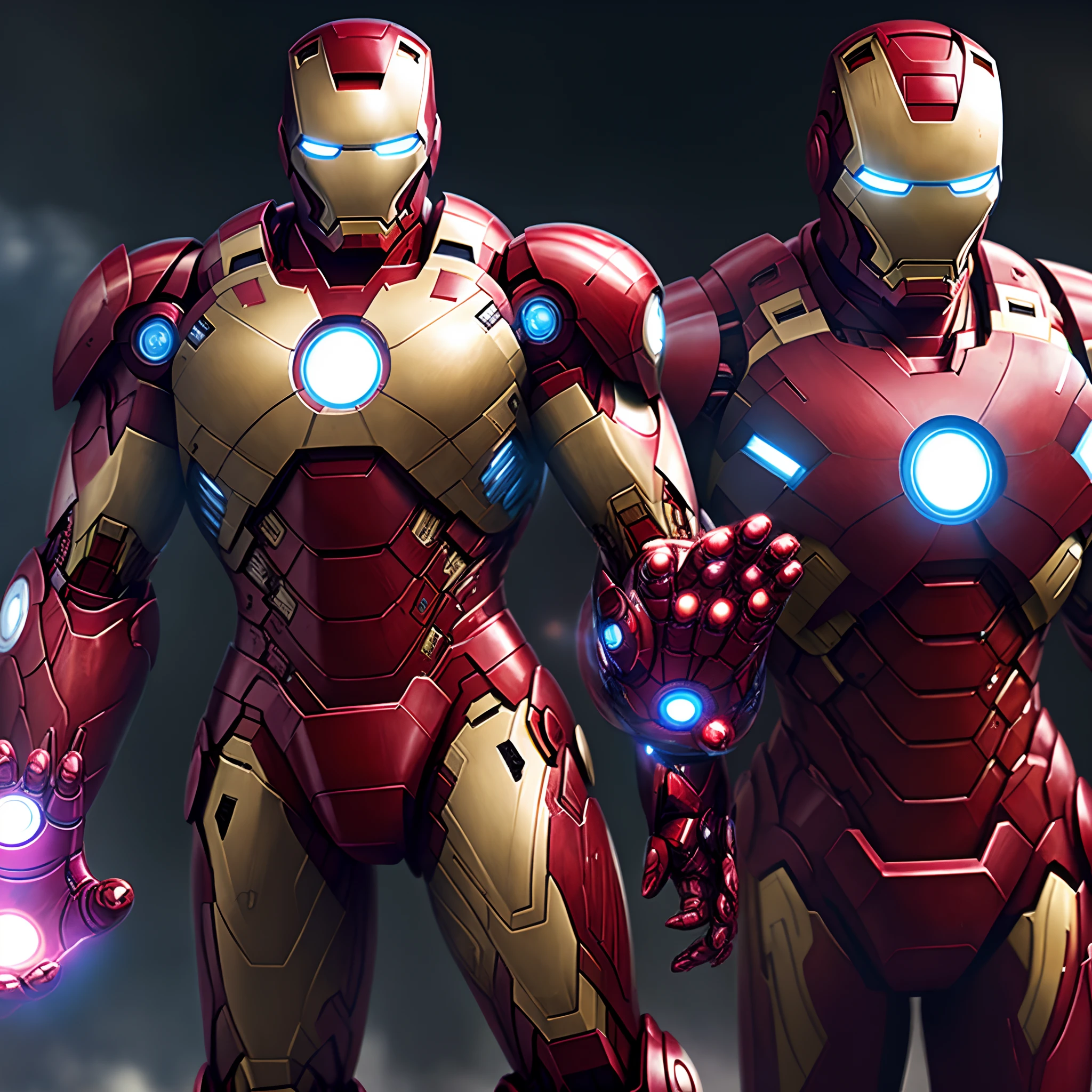 a close up of a toy iron man standing next to another iron man, ironman, iron man, 3d render”, concept art of tony stark, 3 d renders, marvel concept art, octane renderer”, octane render”, octane render ”, c 4 d ”, battle damaged iron man suit, cinematic full shot, cg render, cinematic lighting ”, cinematic lighting