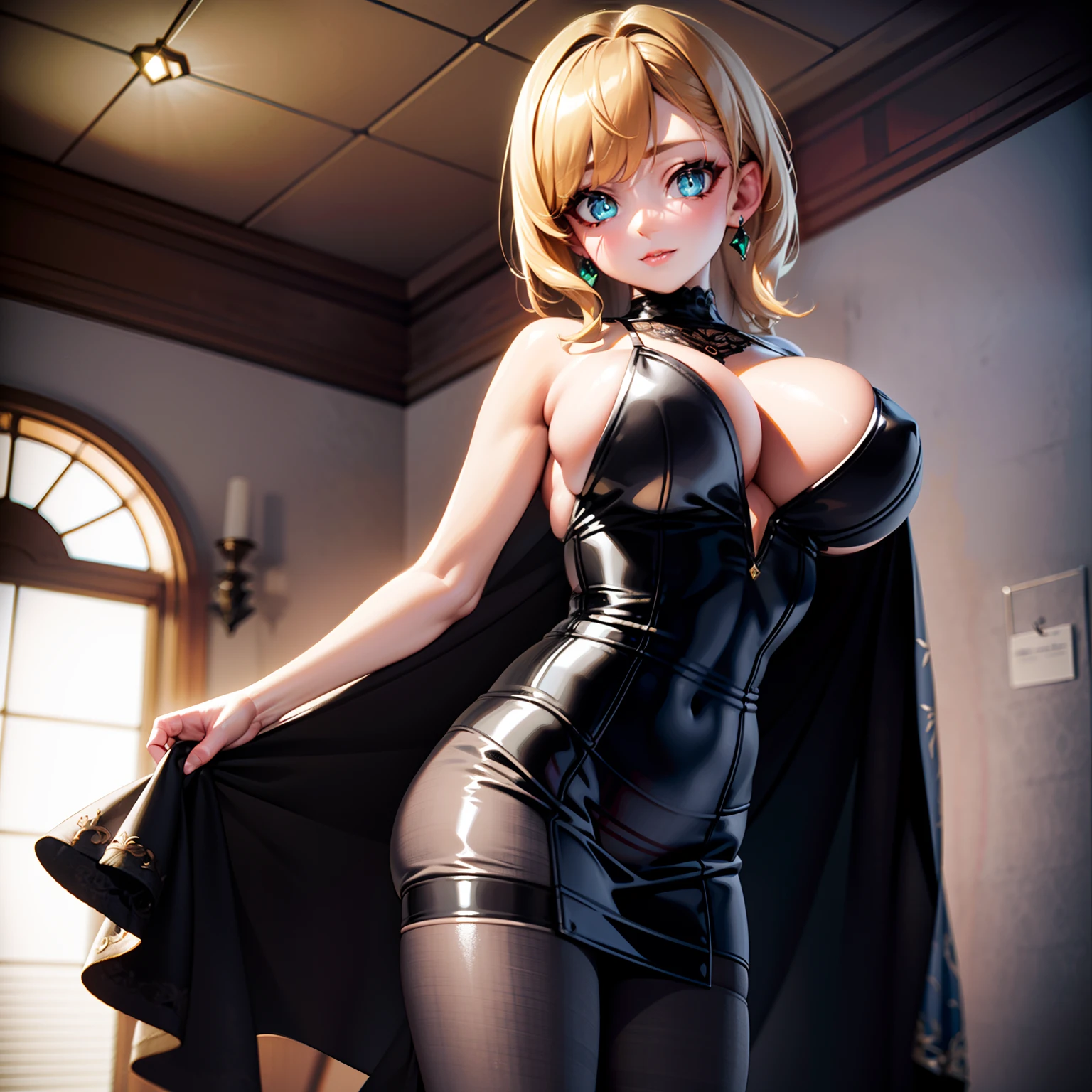 (Incomparable masterpiece, side light, exquisite and beautiful eyes: 1.2), ultra-realistic 8k CG, perfect artwork, upper body, standing, shiny hair, glowing eyes, shiny skin, realistic, 3d face, underboob, sideboob, huge breasts, perfect female figure, mature woman, milf, narrow waist, looking at viewer, lace, lace trim, black pantyhose, seductive pose, sexy pose, seductive, prestige, gorgeous, luxurious , jewelry, gemstones, gold, silver, diamonds, glitter, sapphires, rubies, emeralds, pearls, amber, obsidian,