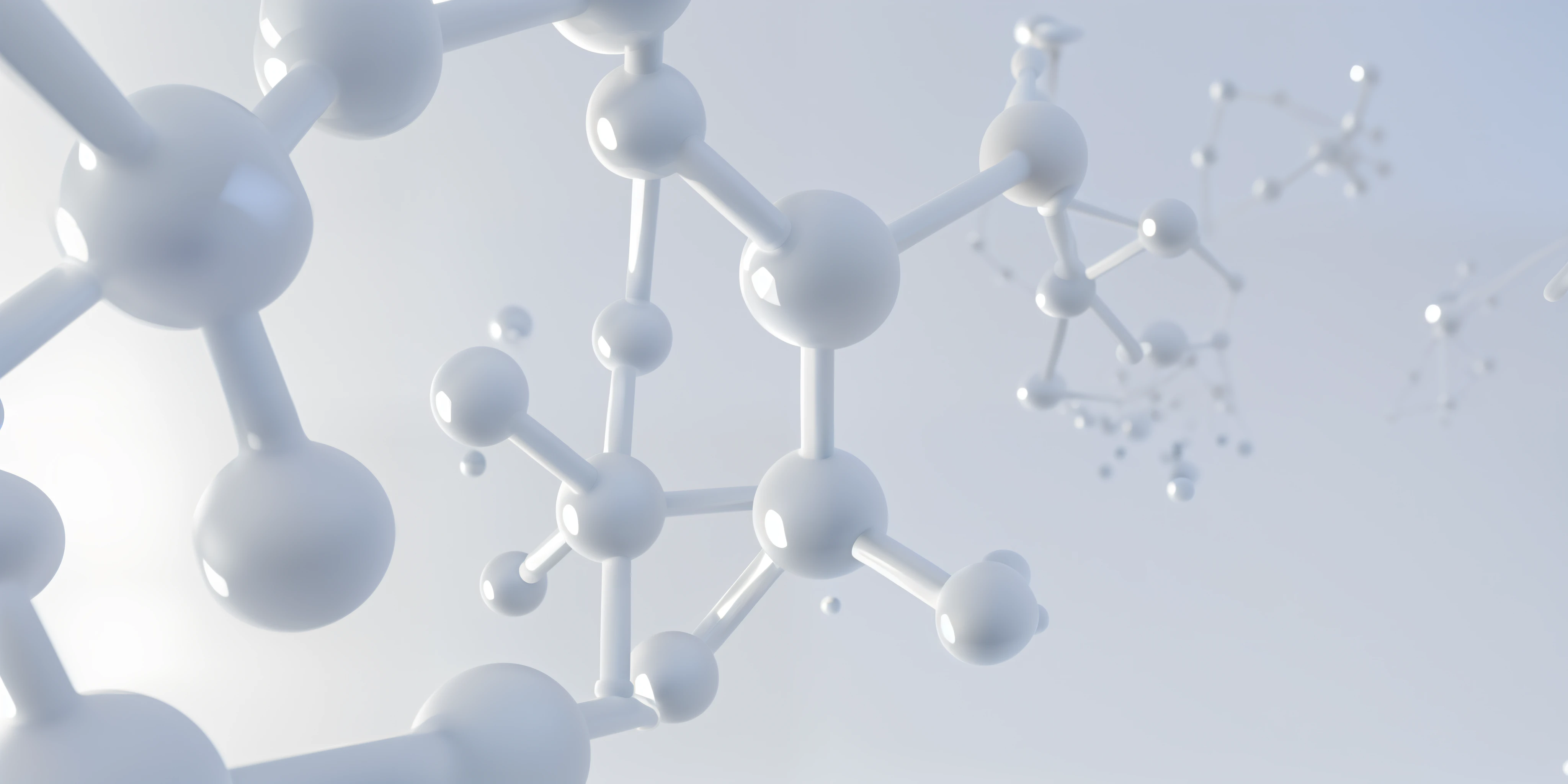 Photo white molecule or atom, abstract clean structure for science or medical background, ctane 3 d rendered, clean white lab background,