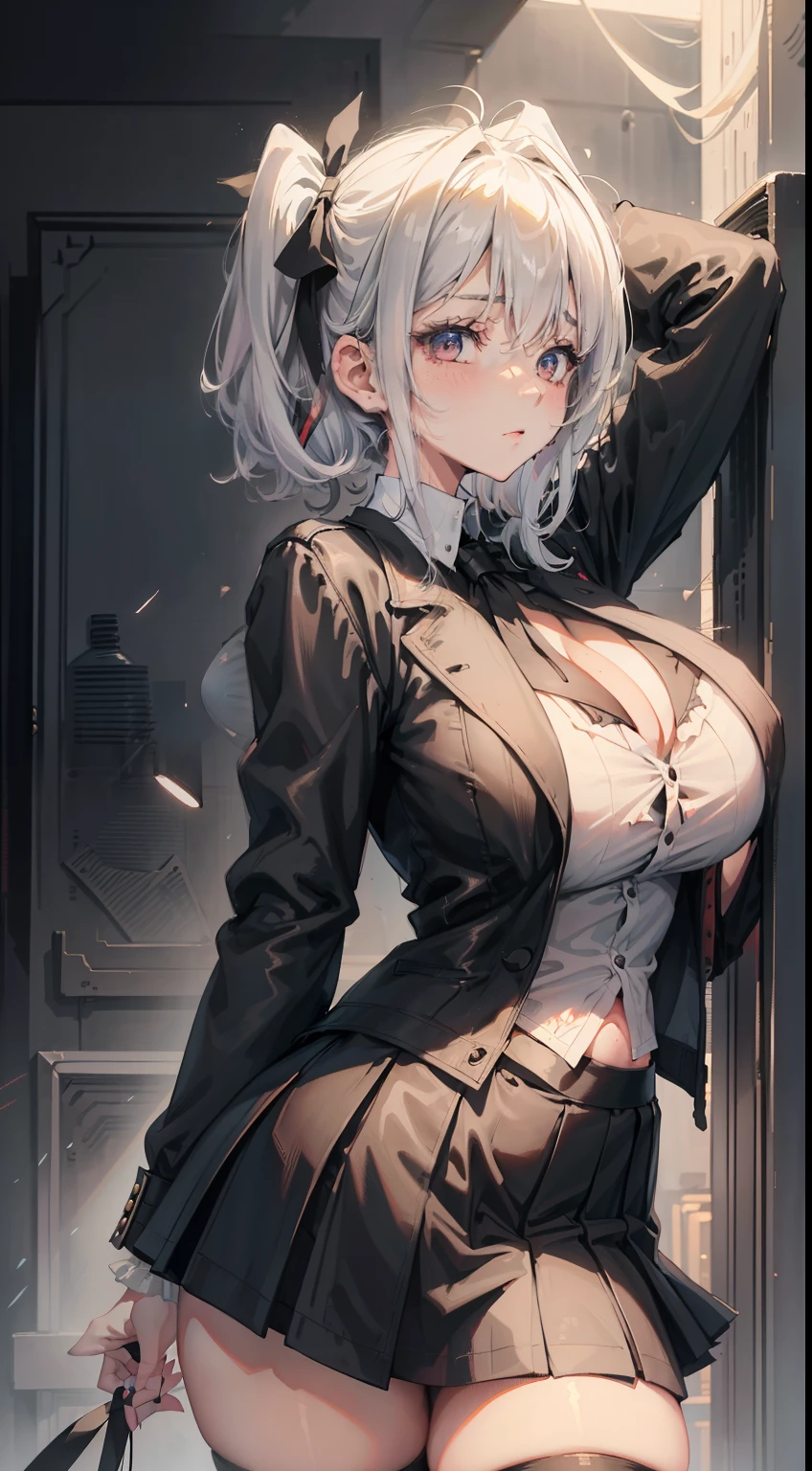 s girl,21yo,profusely,huge tit,Black blazer,Short black leather skirt, White pinstripe shirt, with short white hair, Little Black Realm box, facing to audience, The eyes were in a trance, fleshy feeling, Hair ribbon, Blush, back lit lighting, kanon, Textured skin, hyper HD, Best quality