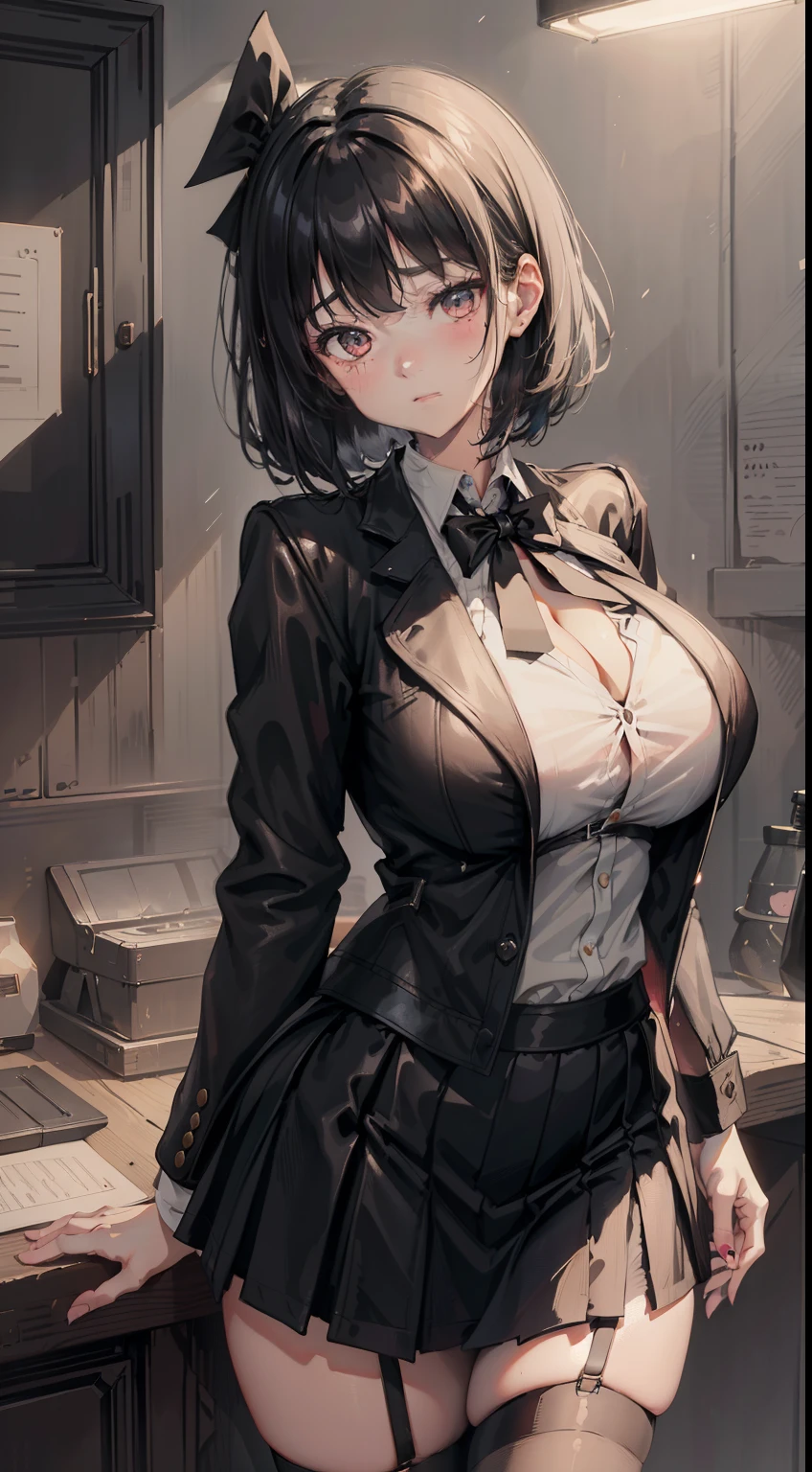 s girl,21yo,profusely,huge tit,Black blazer,nakeness,Short black leather skirt, White pinstripe shirt, with short white hair, Little Black Realm box, facing to audience, The eyes were in a trance, fleshy feeling, Hair ribbon, Blush, back lit lighting, kanon, Textured skin, hyper HD, Best quality