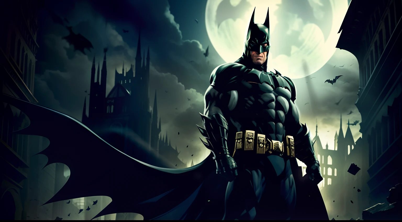 Batman muscular dark knight stands imposing in a lost Gothic city. Moonlight highlights your muscles and scars. The scenery is lush and mysterious, com tecnologia futurista e arredores. The camera details everything, uma mulher guerreira, na frente dele.