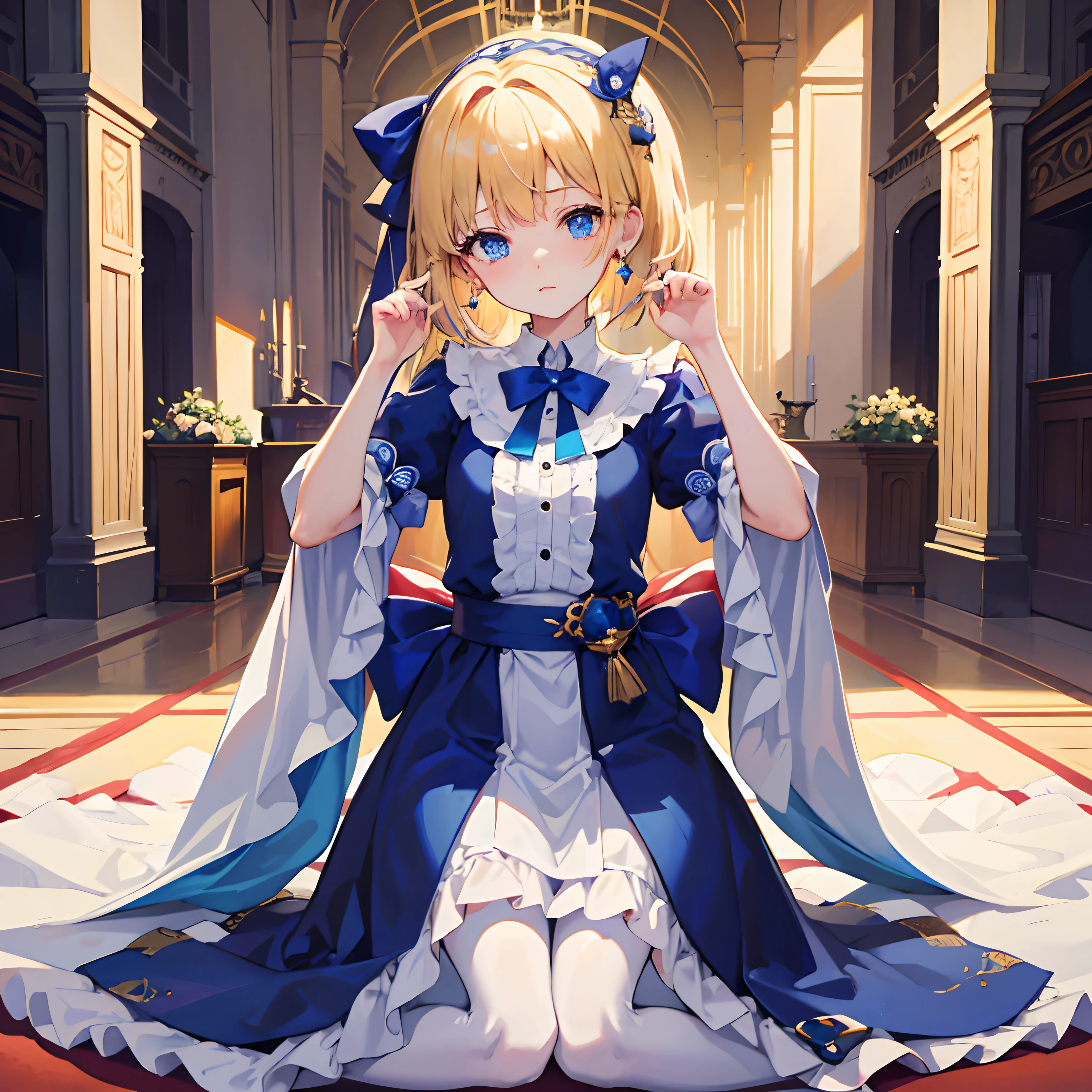 Blue bow，｛1girll，独奏｝，Red eyeliner，（In the Golden Hall），（ body type），（coiffed blonde hair），short detailed hair，（Tie-up hair on one side，A small braid），Godless blue eyes，Look down at the audience，（white dresses），white stockings，Blue earrings，（Kneeling girl：1.2），（crying girl：1.2），（Best quality at best），（extremely detaile），（Unique），（Delicate background），（Masterpiece），（Ultra-high resolution），（Tired girl：1.2），（Very detailed 8k wallpapers），Face Shadow，exquisite and beautiful face，Fine and beautiful eyes，lost eyesight，in a panoramic view，Cover style，depth of fields，