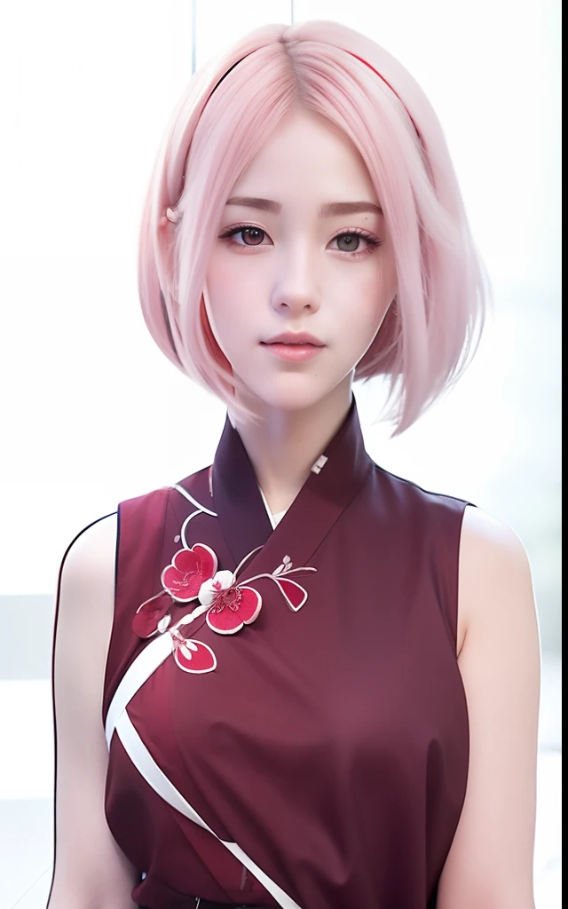 Sakura uchiha. A woman was wearing a red kimono with a white sleeveless line. Her hair was short and pouchy. His skin is so white. Her cheeks were rosy. And her little red lips. He looked at the camera. So pretty and realistic