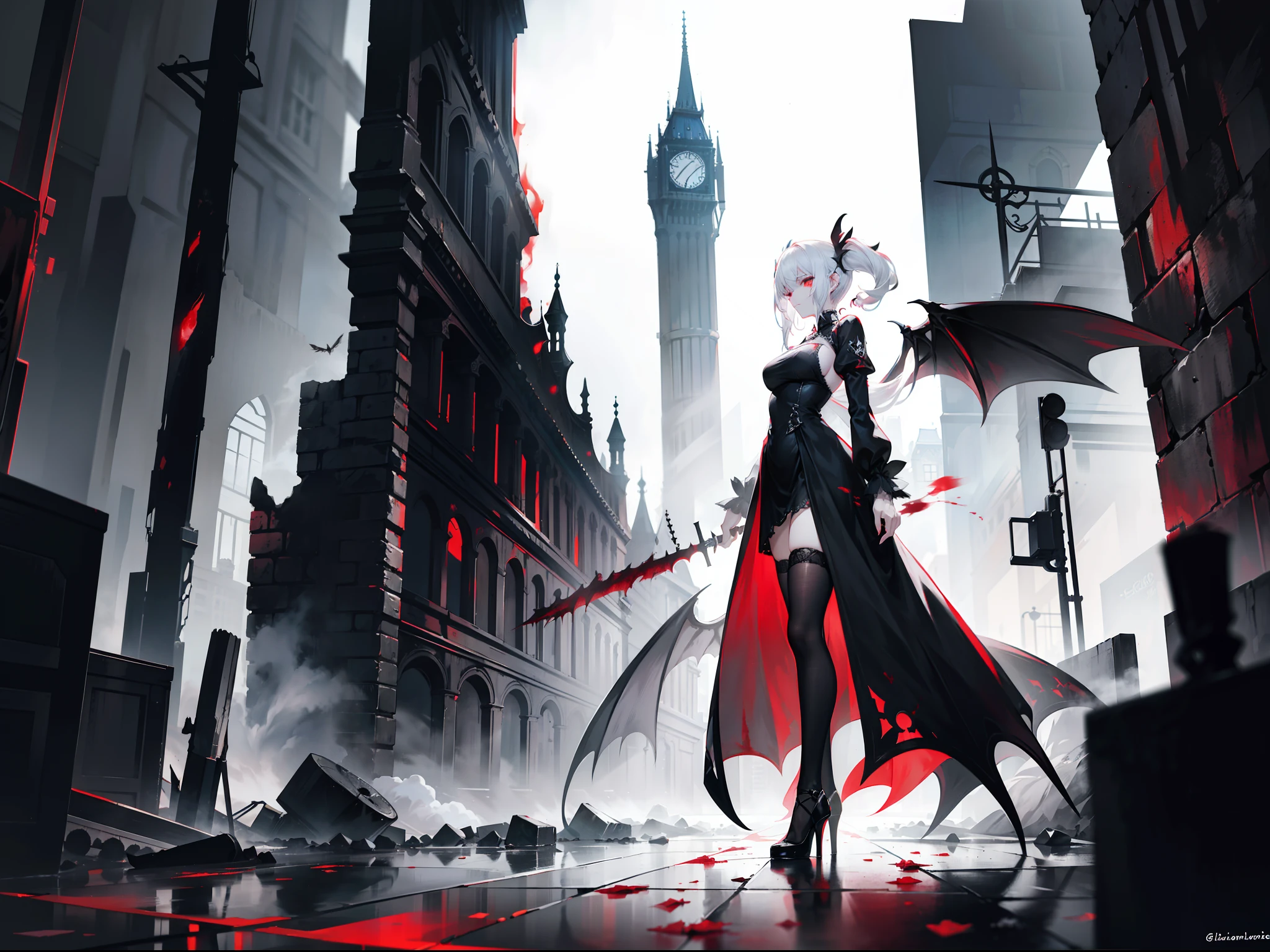 Beautiful girl with white hair,Extremely tall,Extremely thin,Poor milk,Wearing a black dress,Extremely high heels,Master the power of hurricanes,Stand in front of a tornado,Stand in an eerie Gothic building,The figure is extremely tall and slender,The skirt of the dress was blown up by the hurricane,Extremely high heels,Surrounded by hurricanes,The background is a ruined city,Wear black stockings,Blood-stained sword in hand,Be covered in blood,The white hair was stained with red blood,The expression is sinister,Perverted,Murderer,terroral,A pair of huge black wings grew behind him,The demons