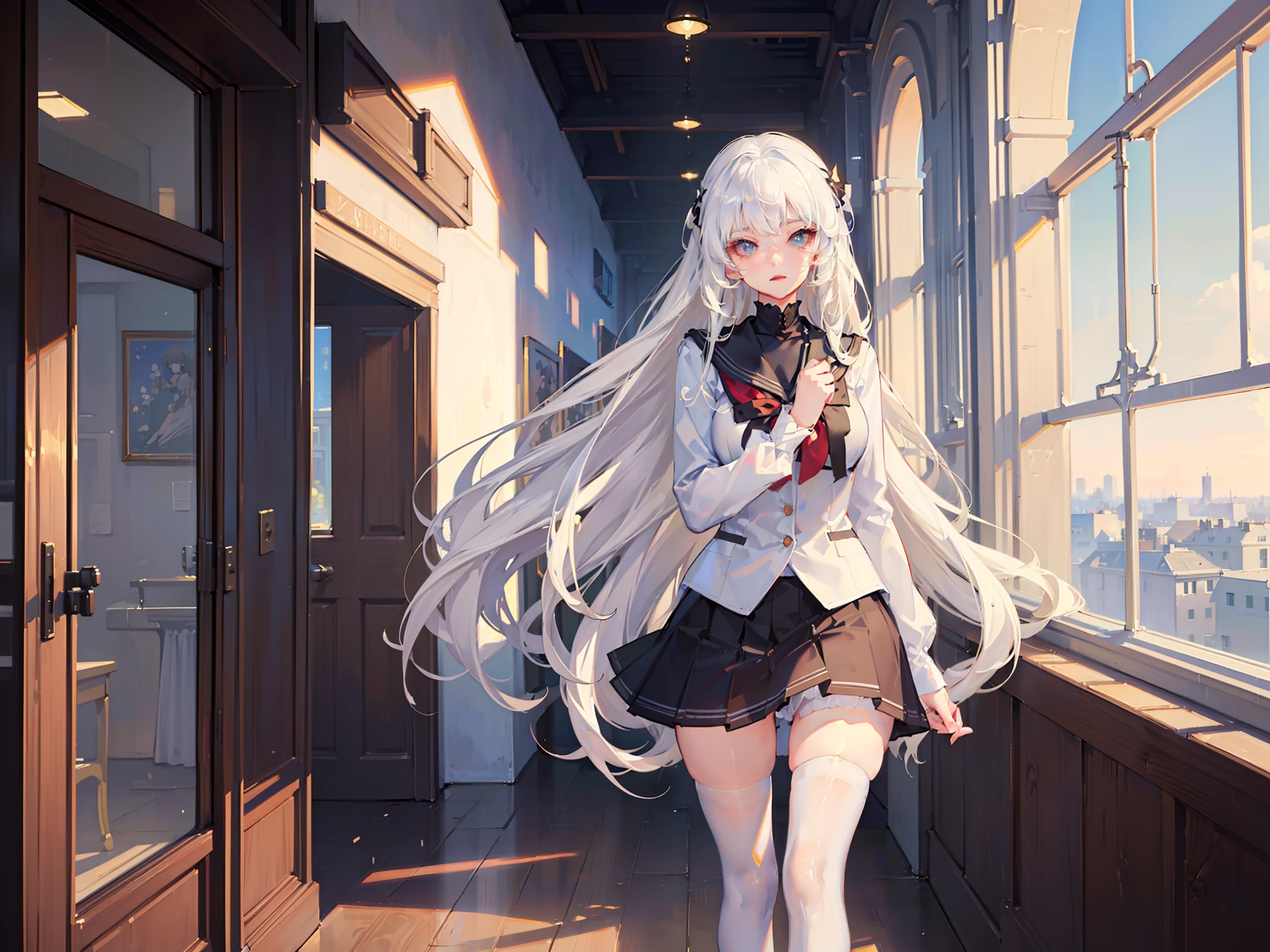 ((Masterpiece,full bodyesbian,girls,being thin》),High details,Best quality.
8K,(Soft light),Cinematic light,Beautiful eyes,
1girll,White hair,white stockings,cozily,clean and meticulous anime art,
art trend,gentlesoftlighting