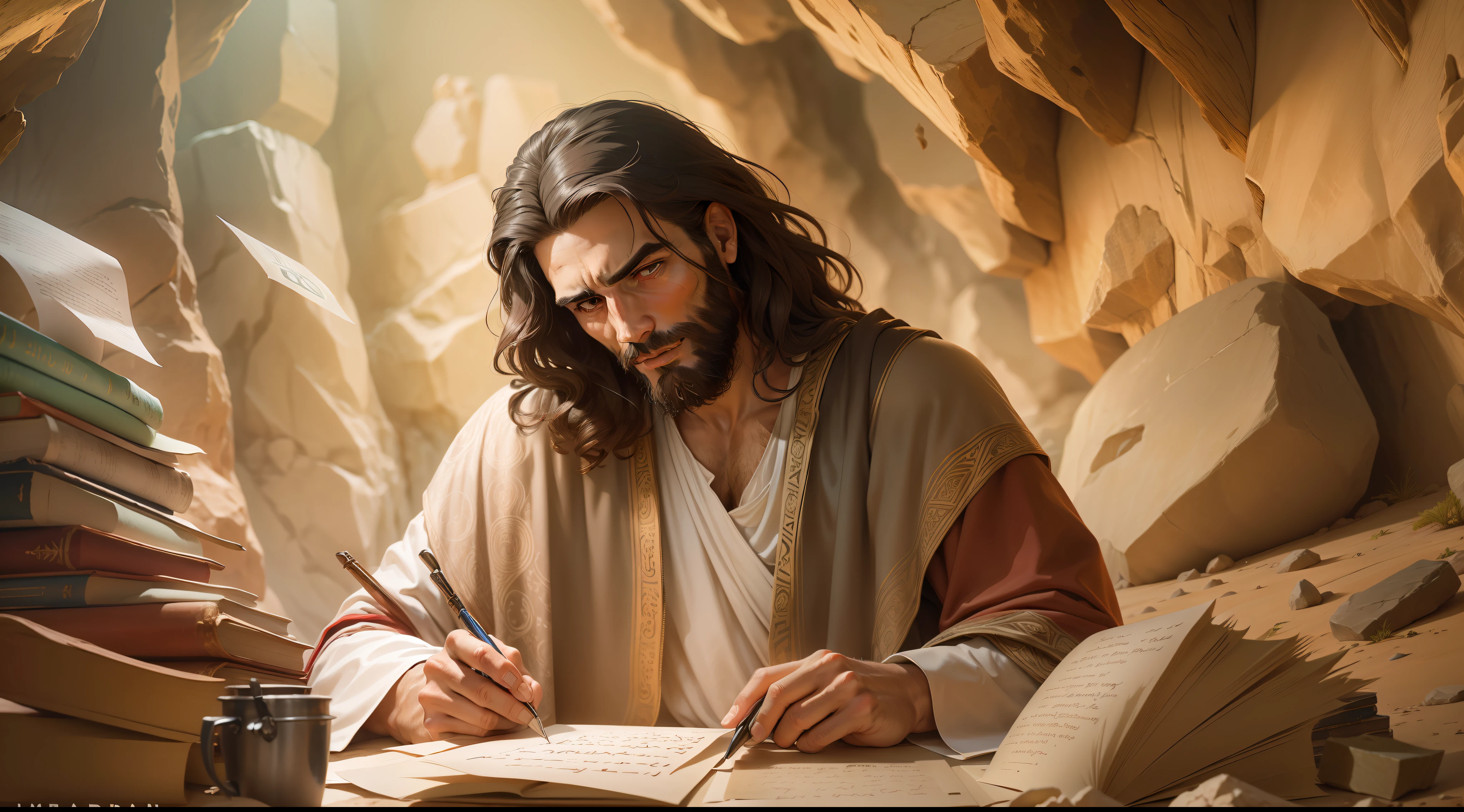 Imagem antiga, roupa judaica, homem judeu, Old Christian writing letters in a rocky cave with a lot of technology and extreme realism ((image depicting one of Jesus' apostles