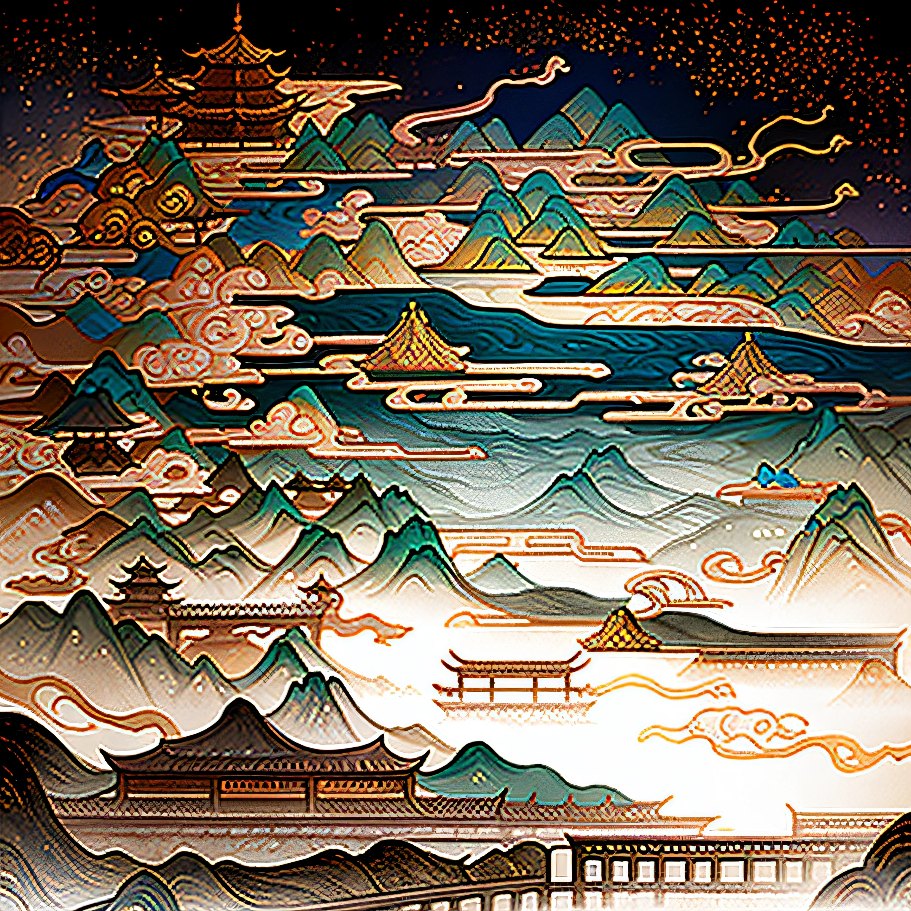 An ancient Chinese painting, ancient Chinese background, mountains, rivers, auspicious clouds, pavilions, sunshine, masterpieces, super detail, epic composition, ultra HD, high quality, extremely detailed, official art, unified 8k wallpaper, Super detail, 32k -- v 6