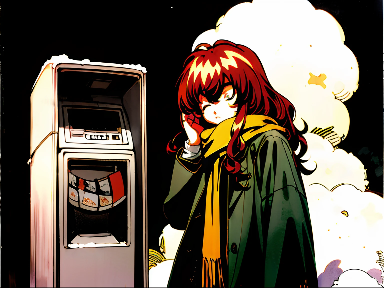 Taiga Aisaka calling on a payphone on the street at night, VHS, winter, (snow), vintage, manga style, black background, (bangs) coat, scarf, dark, light brown hair, wavy hair, (turned against the viewer), hair covering eyes