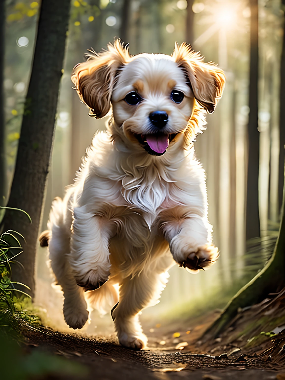 Close-up photo of a very cute jumping puppy in the forest、Puppies are light brown in Maltese poodles、Soft volume light、(back lighting:1.3)、(cinematic:1.2)、intricate detailes、(art  stations:1.3)、rutkowski