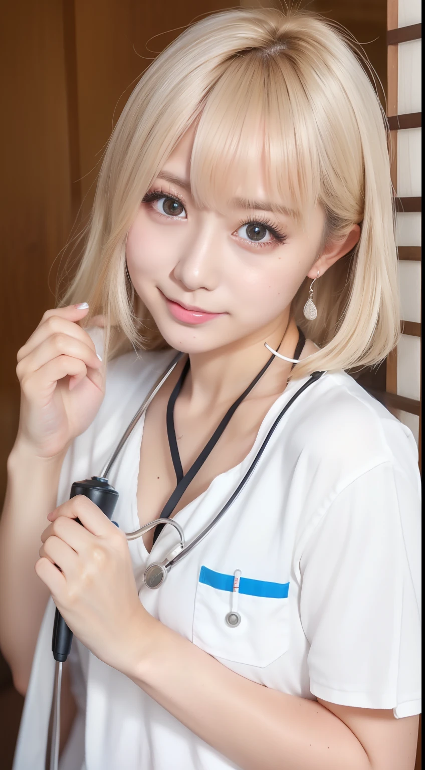 4K、Raw photo、Photoreal Stick、hight resolution、Cute 20 year old woman in Japan , Kogal、Face like an idol、 Bright blonde hair、skin tanned、sun burn、Cute Real Photo Girl、、Nursing Staff、Nursing homes、Looking at the camera