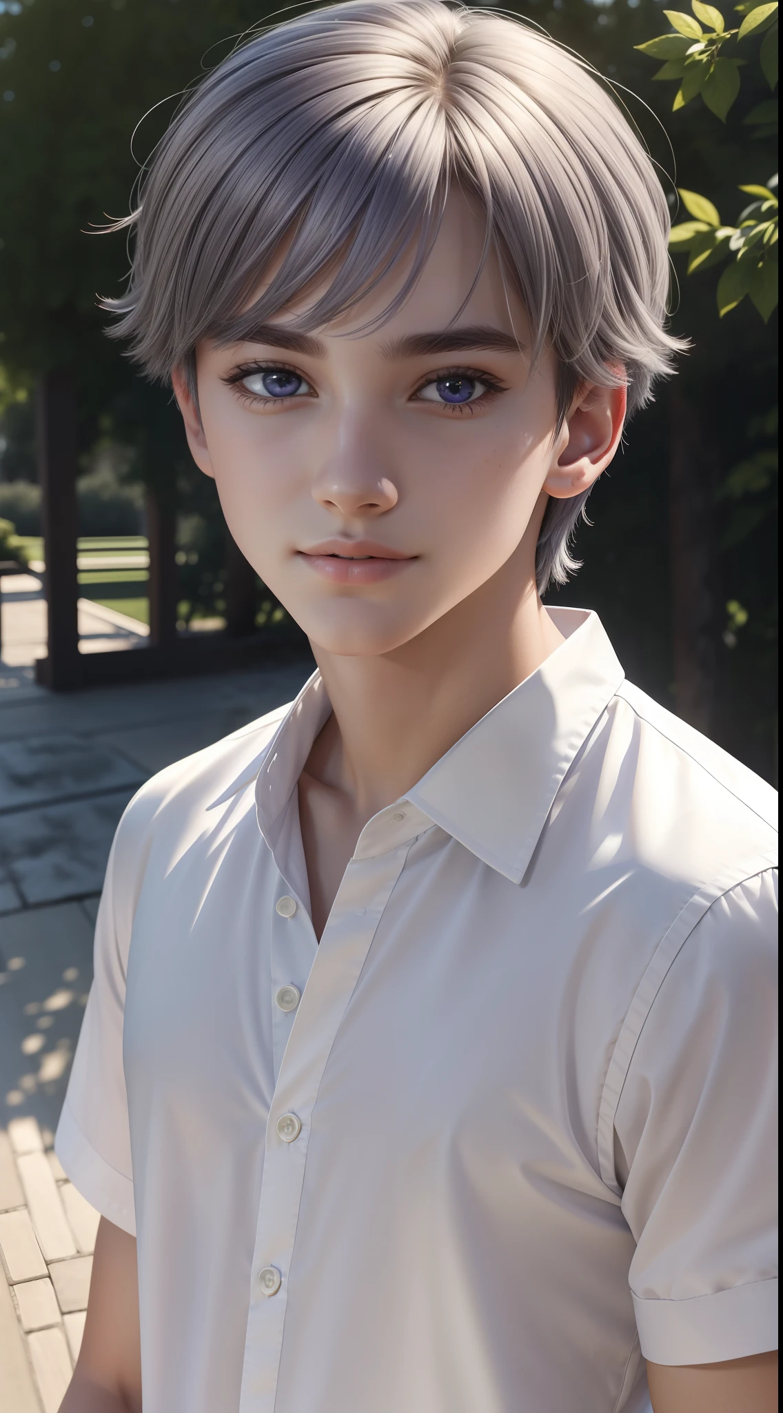 Very detailed eyes,very vey very detailed face,Best quality at best,masterpiece,The is very detailed,ultra - detailed,(realisticlying,photographrealistic:1.3),ssmile,(facing the front there),looking at viewert,white shirt,Sunnyday,exteriors,1boy upper body,Purple-gray hair,17 years old