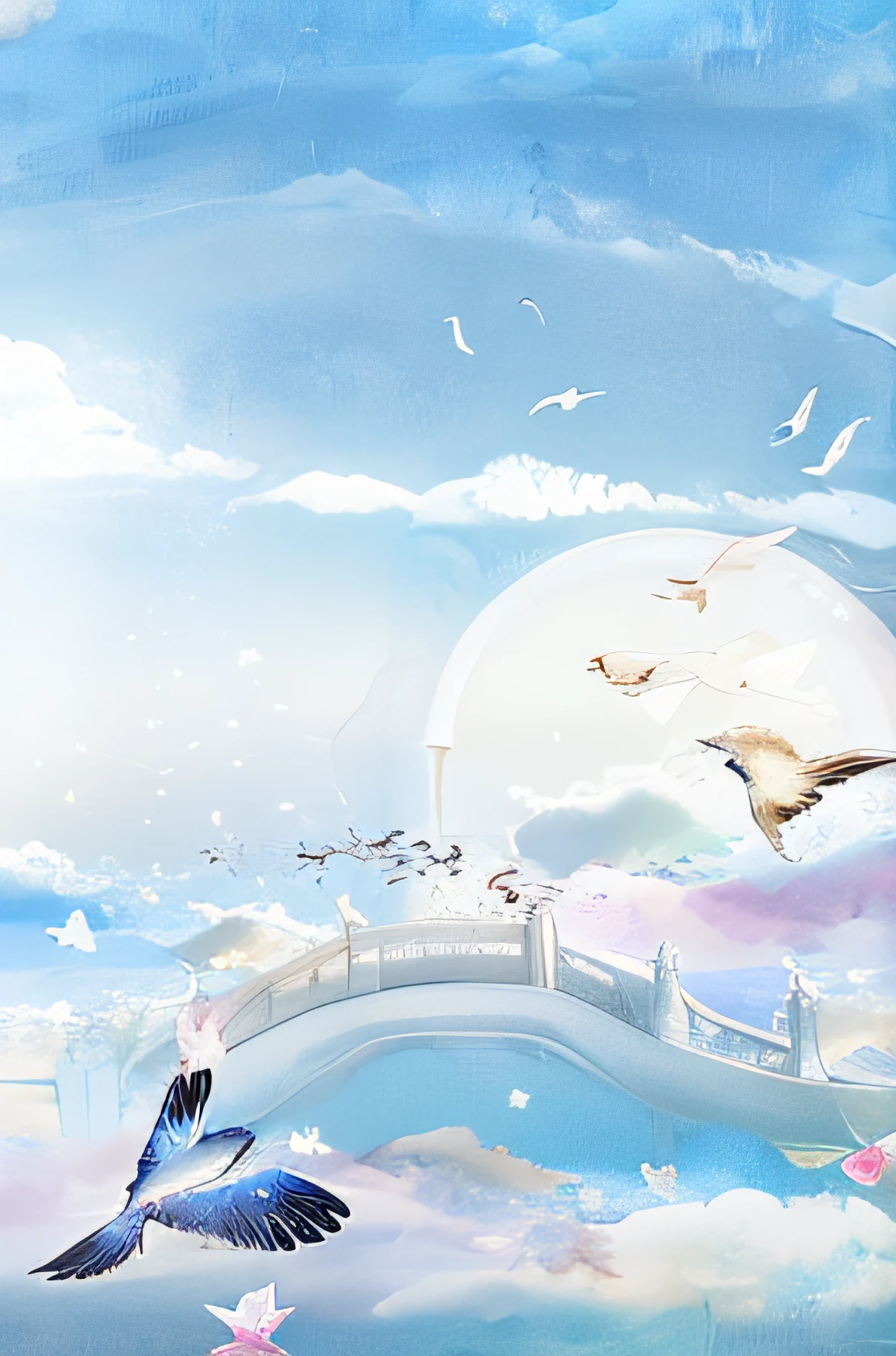 There are many birds flying in the sky，There is a bridge, dream scenery art, lie on white clouds fairyland, in the white clouds fairyland, in white clouds fairyland, fantasy puffy sky, paradise background, anime beautiful peace scene, Ethereal and dreamy theme, dreamy scenes, luminous sky heaven background, beautiful dreamy breathtaking, palace floating in heaven, fairy tale style background