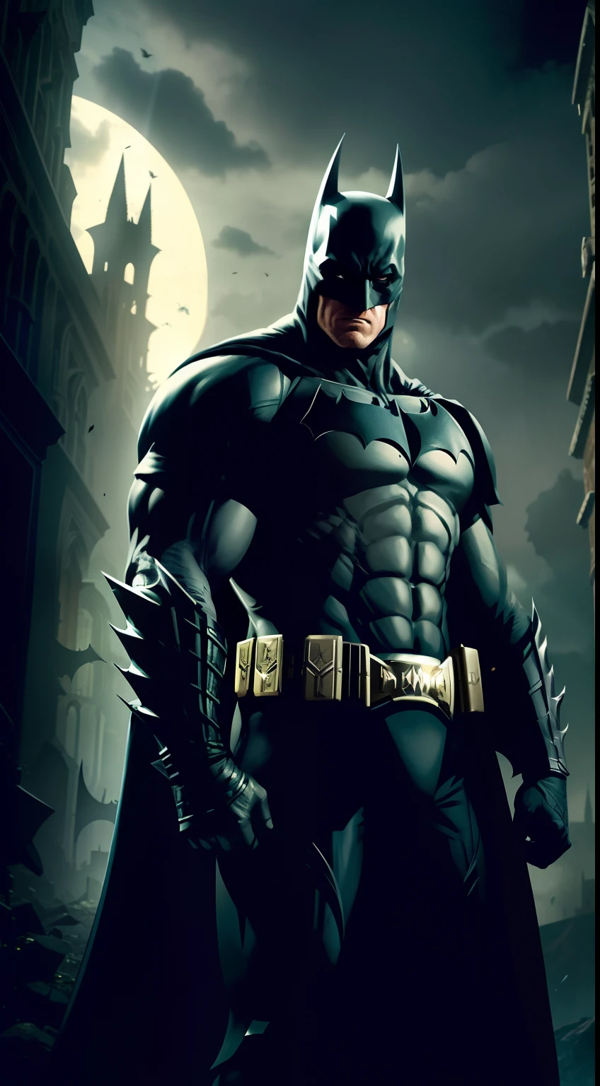Batman muscular dark knight stands imposing in a lost Gothic city. Moonlight highlights your muscles and scars. The scenery is lush and mysterious, com tecnologia futurista e arredores. The camera details everything, uma mulher guerreira, na frente dele.