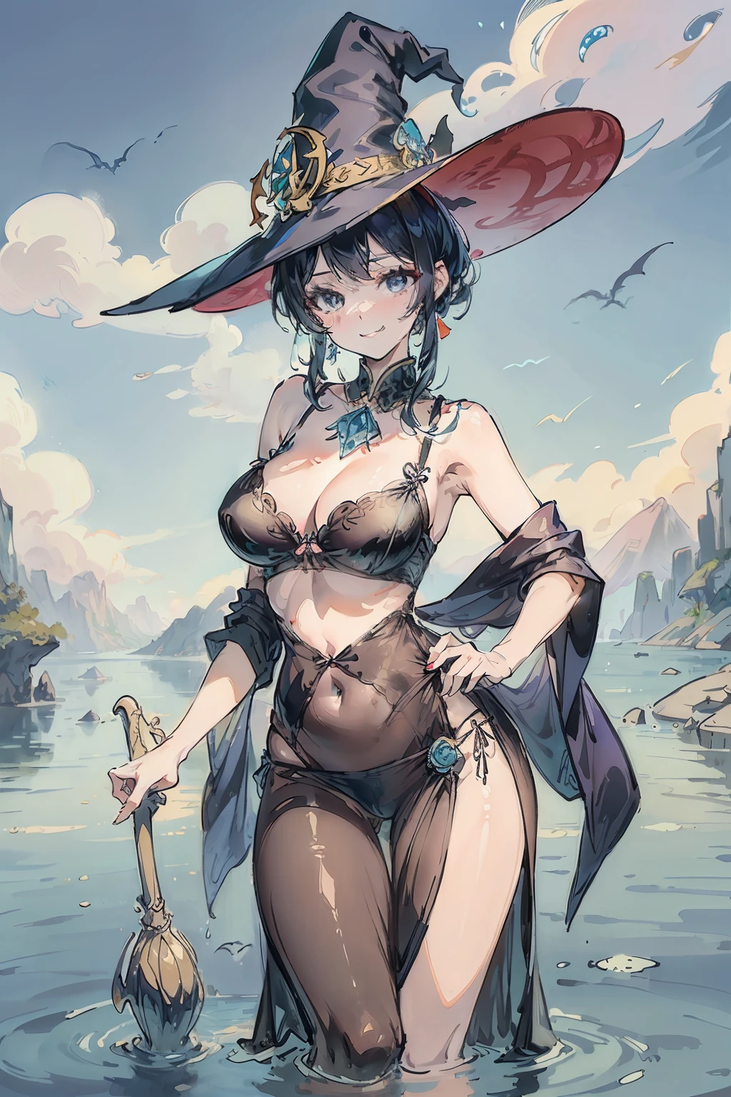 Bright colors,Magic background,loong background,water background,the sky background,Witch hat has a dragon pattern,The shirt is transparent and shows bra,sexy bra,Pantyhose wrap around the hips,sexy underwear,Dress conservatively,abstact,lady,Smiling,inquisitive