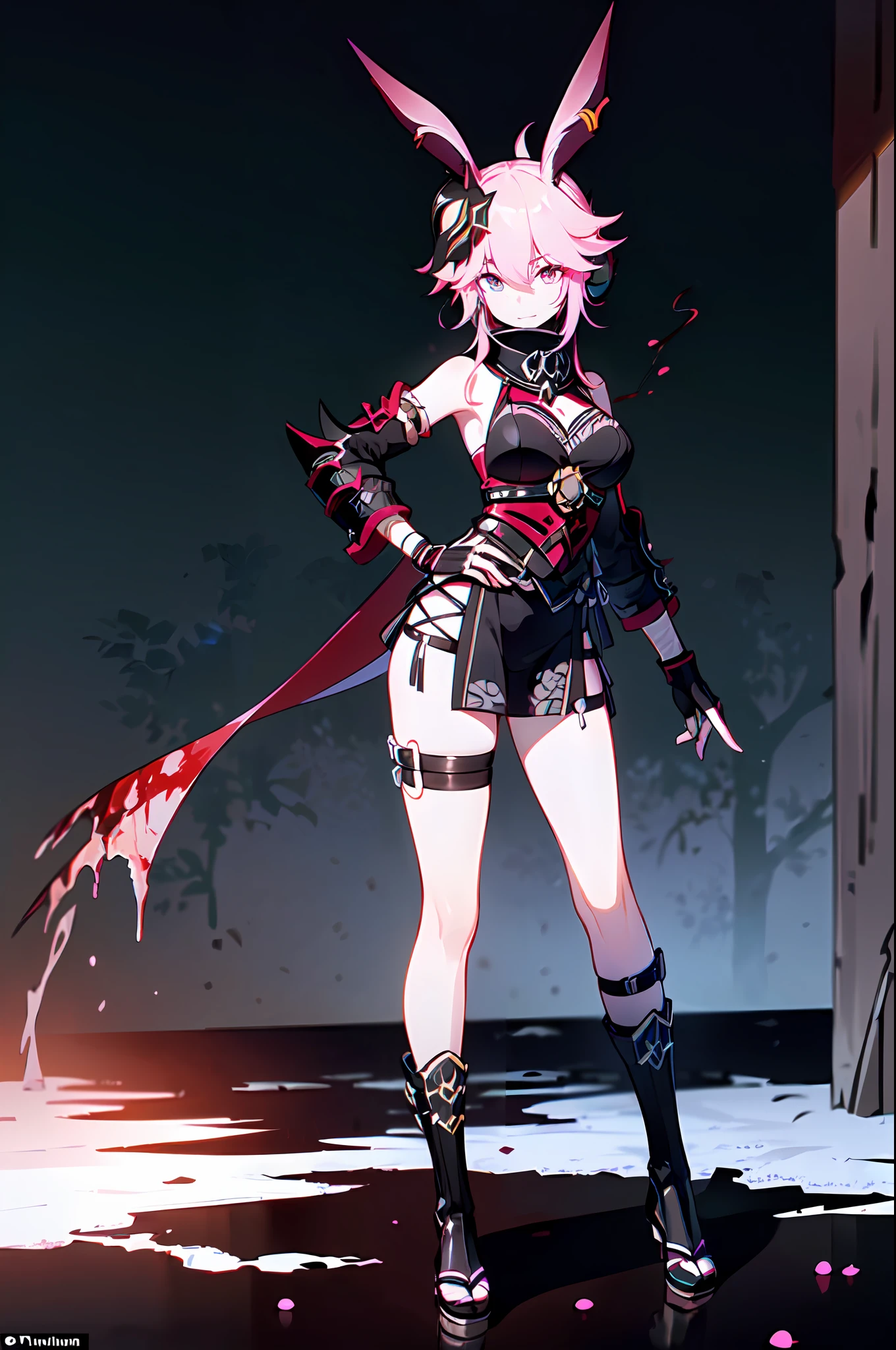 ((masterpiece:1.2, best quality, extremely detailed CG, unity 8k wallpaper,anatomically correct,ultra resolution)),Award-winning photography,(best illumination,Very Delicate and Beautiful),(1girl,solo),(full body:1.25),((yae_kasumi)),(extremely beautiful and detailed face:1.2), (extremely beautiful and detailed eyes:1.2),two extremely long rabbit ears,short hair,perfect hands,delicate legs,skinny((boots,black fingerless gloves,black fox mask on head)),looking at viewer,(hand on hip:1.2),evil smile,dark persona,evil,traditional japanese style,((night, dark atmosphere, dark theme, darkness:1.5)),blood on face, blood on floor, blood on walls,dramatic shadows,(dimly lit:1.5),(blood mist,blood splash:1.4),cherry blossoms,depth of field,(japanese castle in background:1.4,outdoor:1.3,night sky,starry sky),((magical electricity:1.4)),(perfect human body structure with maximum precision)