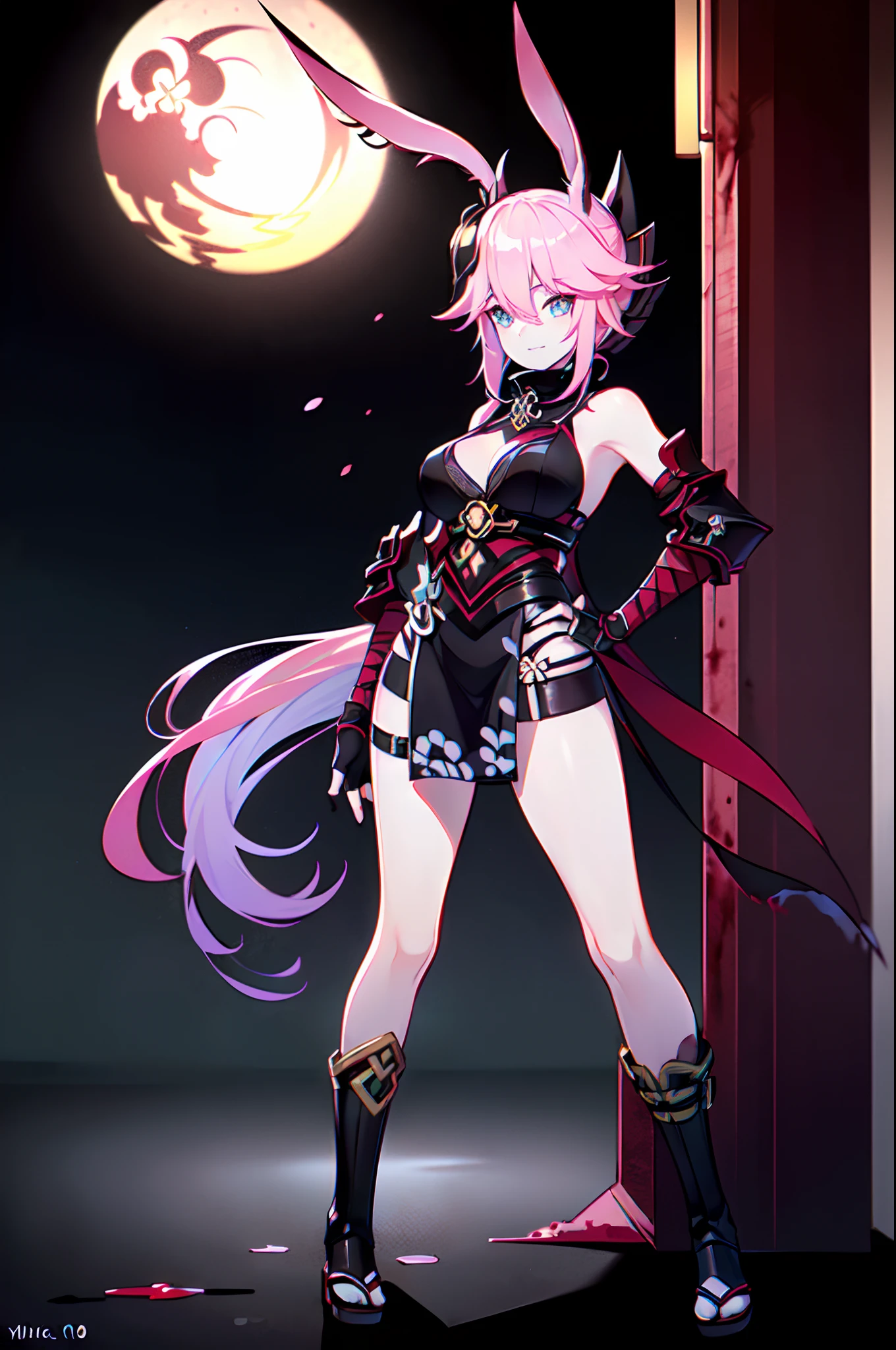 ((masterpiece:1.2, best quality, extremely detailed CG, unity 8k wallpaper,anatomically correct,ultra resolution)),Award-winning photography,(best illumination,Very Delicate and Beautiful),(1girl,solo),(full body:1.25),((yae_kasumi)),(extremely beautiful and detailed face:1.2), (extremely beautiful and detailed eyes:1.2),two extremely long rabbit ears,short hair,perfect hands,delicate legs,skinny((boots,black fingerless gloves,black fox mask on head)),looking at viewer,(hand on hip:1.2),evil smile,dark persona,evil,traditional japanese style,((night, dark atmosphere, dark theme, darkness:1.5)),blood on face, blood on floor, blood on walls,dramatic shadows,(dimly lit:1.5),(blood mist,blood splash:1.4),cherry blossoms,depth of field,(japanese castle in background:1.4,outdoor:1.3,night sky,starry sky),((magical electricity:1.4)),(perfect human body structure with maximum precision)
