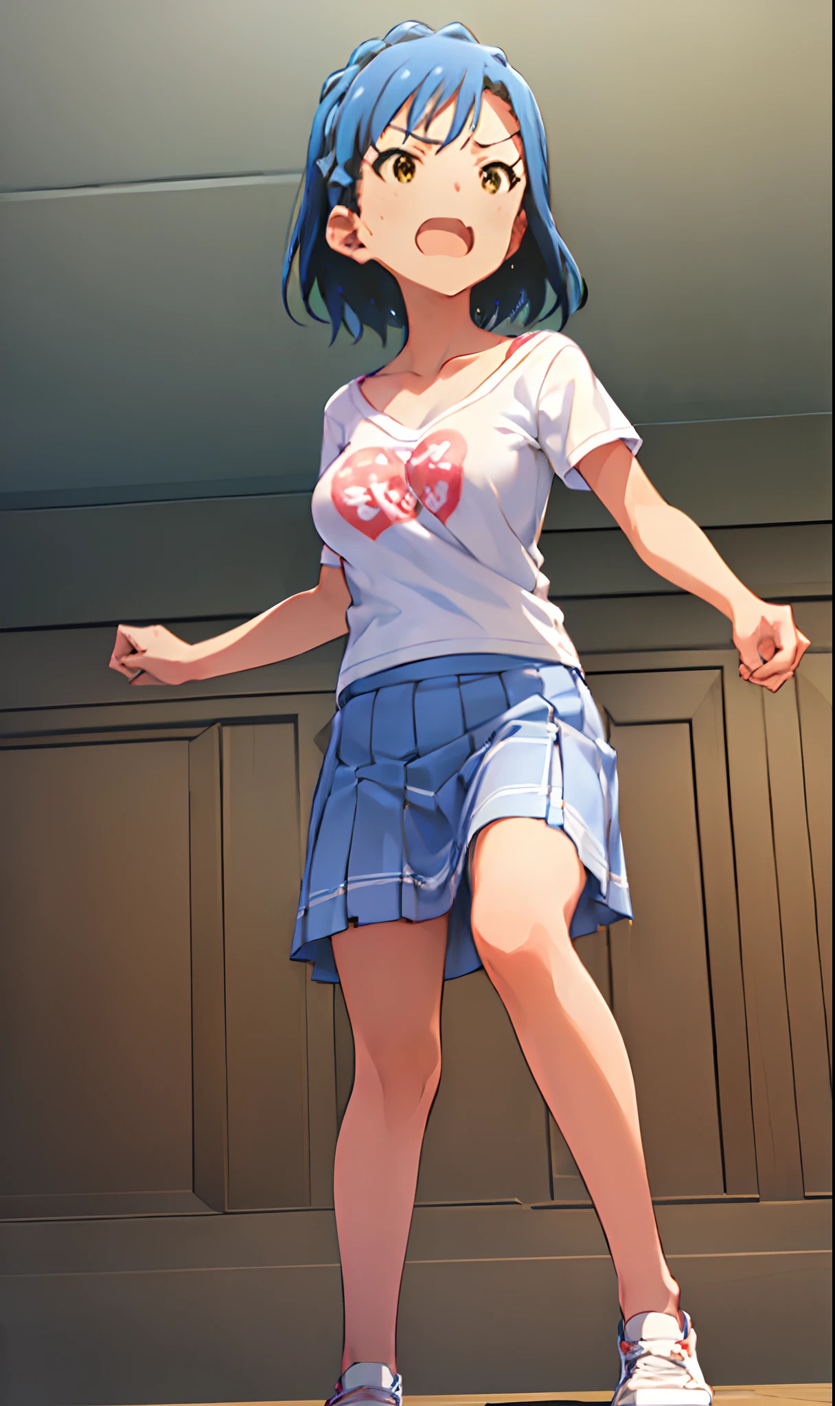 yuriko nanao (million live). Short stature. (((white t-shirts))).(((Skirt))).(((masterpiece))).(((best quality))).((Ultra-detailed))).(((illustratio))). (((fighting stance))).(((a room))).(((make a fist))).(((up chest))).Despair face.(((short-hair))).((big breasts)).((Opening Mouth)).