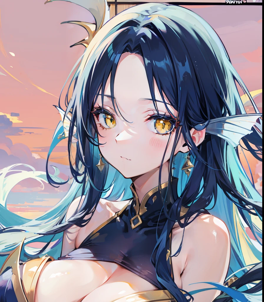 Long navy blue hair,Sexy big breasts,Affectionate yellow eyes,Beautiful mermaid girl