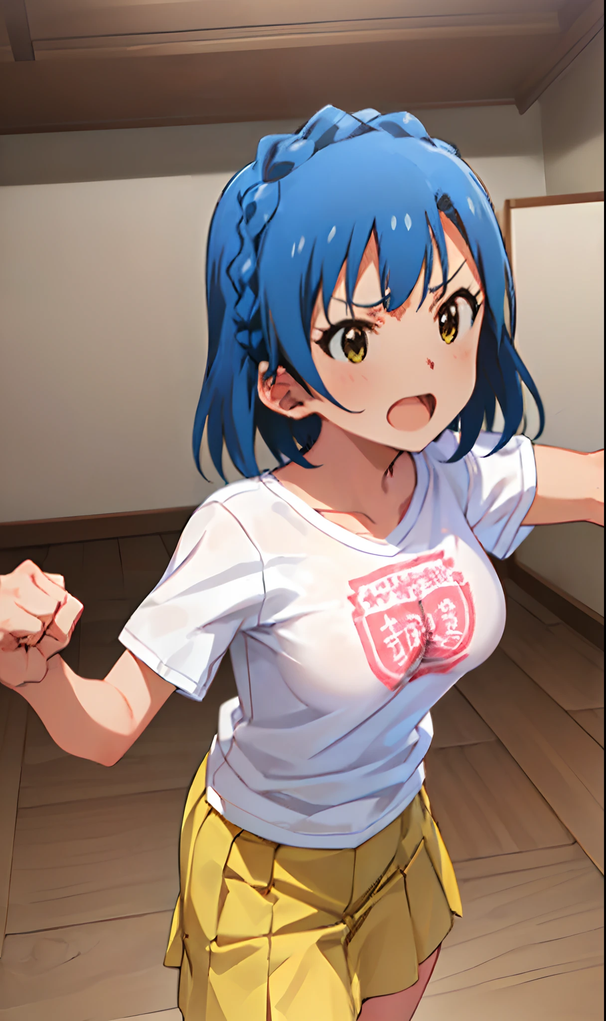 yuriko nanao (million live). Short stature. (((white t-shirts))).(((Skirt))).(((masterpiece))).(((best quality))).((Ultra-detailed))).(((illustratio))). (((fighting stance))).(((a room))).(((Clench your fists))).(((up chest))).Despair face.(((short-hair))).((big breasts)).((Opening Mouth)).