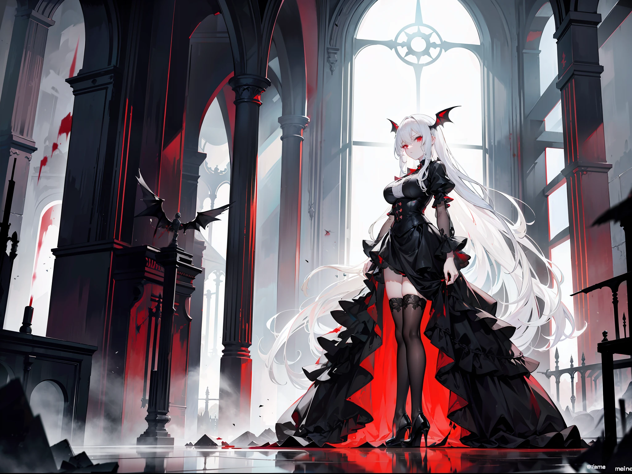 Beautiful girl with white hair,Extremely tall,Extremely thin,Poor milk,Wearing a black dress,Extremely high heels,Master the power of hurricanes,Stand in front of a tornado,Stand in an eerie Gothic building,The figure is extremely tall and slender,The skirt of the dress was blown up by the hurricane,Extremely high heels,Surrounded by hurricanes,The background is a ruined city,Wear black stockings,Blood-stained sword in hand,Be covered in blood,The white hair was stained with red blood,The expression is sinister,Perverted,Murderer,terroral,A pair of huge black wings grew behind him,The demons,White pupils,Blood-red eyelashes,Covered in blood,A pair of huge black wings grew behind him,The demons
