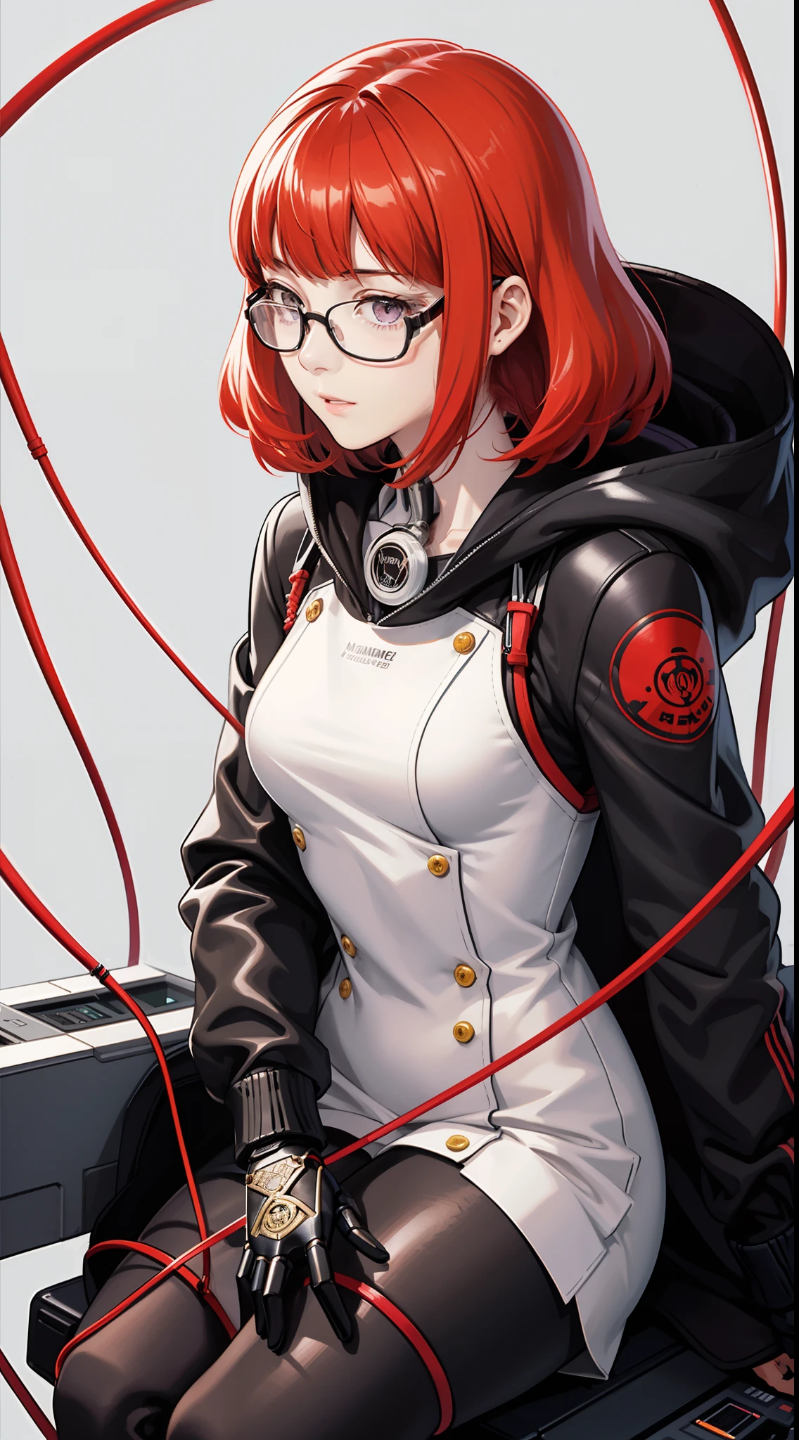 Persona 5, Futaba ,(masterpiece, best quality:1.1), ghibli style, red and blak colors, long_orange_hair, purple eyes, hair_bands, glasses, black and red headphone, coat and hoodie and fur, solo,free styl, (((masterpiece))), (((best quality))), ((ultra-detailed)), (highly detailed CG illustration), ((an extremely delicate and beautiful)),(cute delicate face),cinematic light,((1mechanical girl)),solo,full body,(machine made joints:1.4),((machanical limbs)),(explosed muscles),(blood vessels connected to tubes),(a brain in container:1.3),((mechanical vertebra attaching to back)),((mechanical cervial attaching to neck)),((sitting)),expressionless,(wires and cables attaching to head and body:1.5),small breasts,short hair,(character focus),science fiction