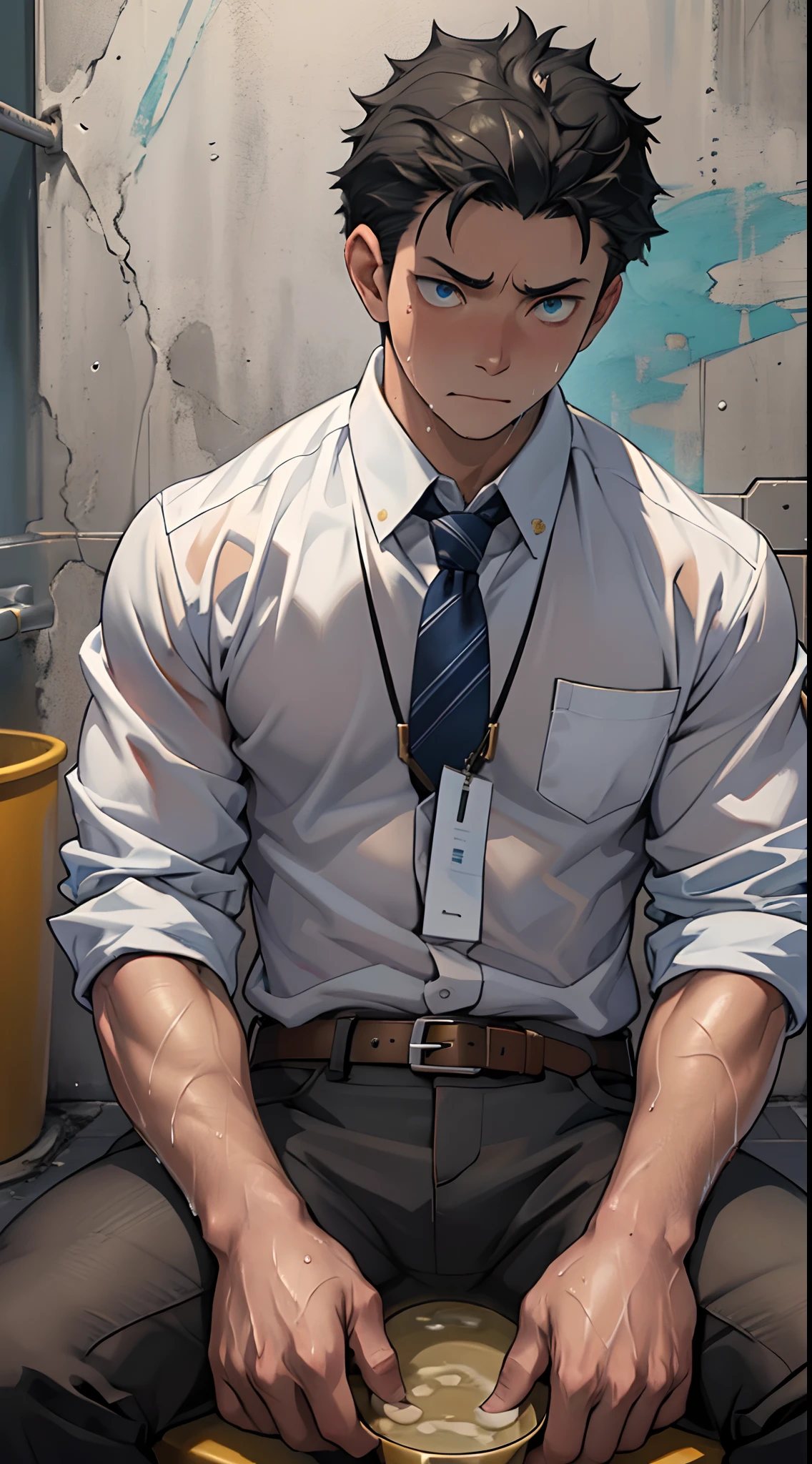 (1 Adult male),A high resolution, Sharp focus, Pixiv masterpiece, ((Complicated details)), highly detailed, natsuki_subaru, 1 man,perfect male figure,Urine on the trouser leg, Nervously bow your head,is shy,embarressed,exhilarated,is shocked,panicking,worry,A pool of urine formed around him,Very eager to pee,Unbearable,Wet yourself,Urine discharge,full bodyesbian,sit astride,Tired,decadent, blue color eyes(eyes glowing), Short gray hair,white shirt,Wear a tie,Wear a belt,trousers,perspire,Drenched,Get wet,pissing,urine flows down the pants,look from down