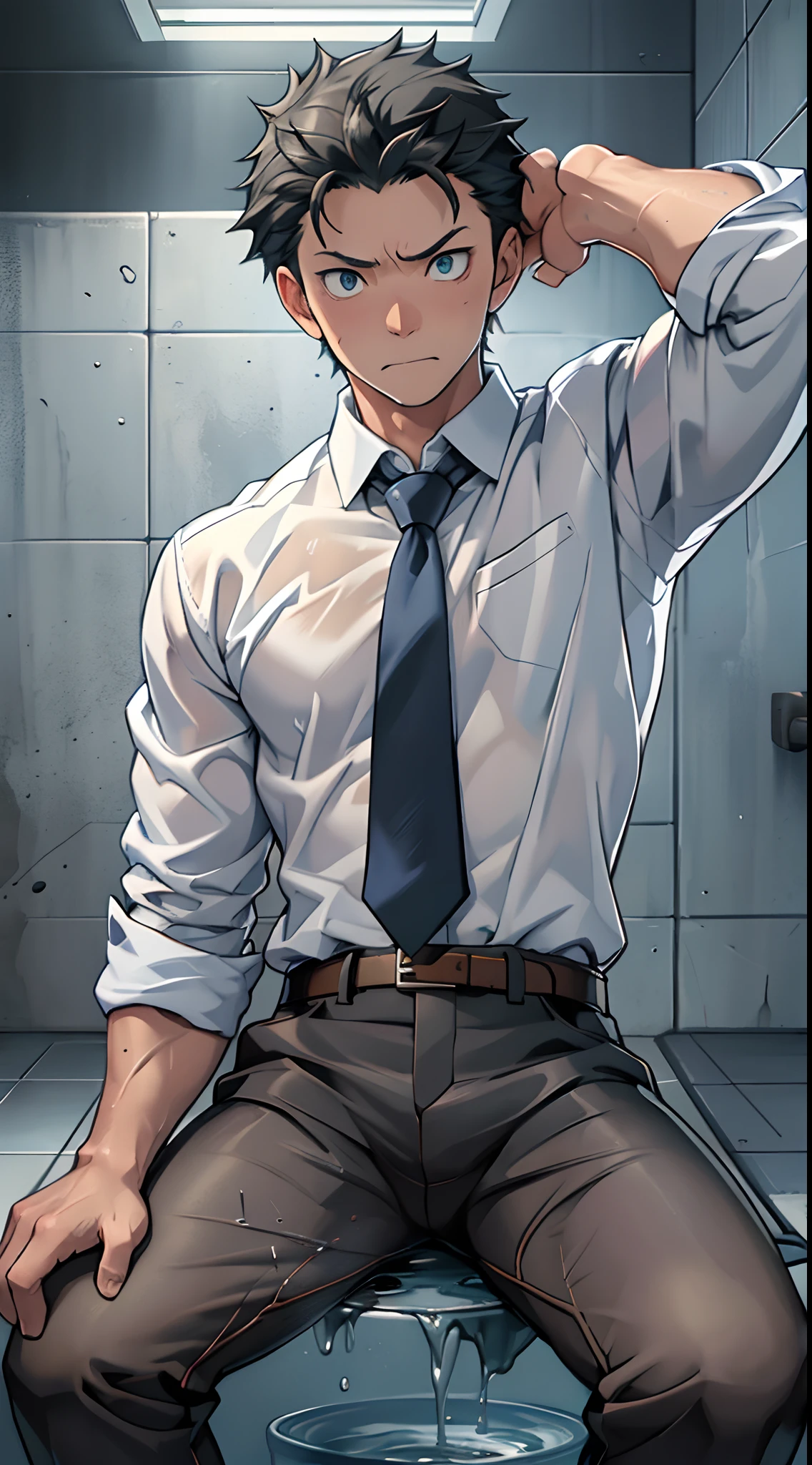 (1 Adult male),A high resolution, Sharp focus, Pixiv masterpiece, ((Complicated details)), highly detailed, natsuki_subaru, 1 man,perfect male figure,Urine on the trouser leg, Nervously bow your head,is shy,embarressed,exhilarated,is shocked,panicking,worry,A pool of urine formed around him,Very eager to pee,Unbearable,Wet yourself,Urine discharge,full bodyesbian,sit astride,Tired,decadent, blue color eyes(eyes glowing), Black hair short hair,white shirt,Wear a tie,Wear a belt,trousers,perspire,Drenched,Get wet,pissing,urine flows down the pants,look from down