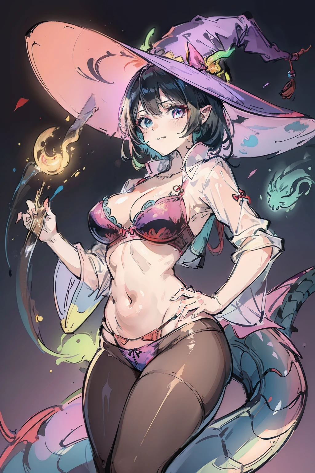 Bright colors,Witch hat has a dragon pattern,The shirt is transparent and shows bra,sexy bra,Pantyhose wrap around the hips open at underwear