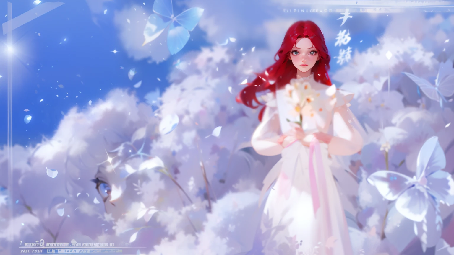 high-definition picture quality,A masterpiece,8 k hd wallpaper,Avatar design,White delicate clothes,The body shines,high saturated,A pretty girl,Solo,Red delicate hair,voluminous hair,delicated face,Delicately depicted face,looks into camera,Bust photo,Nice big eyes,Long eyelashes,ssmile,Close-up Shot Shot,Holding flowers,closeup of face