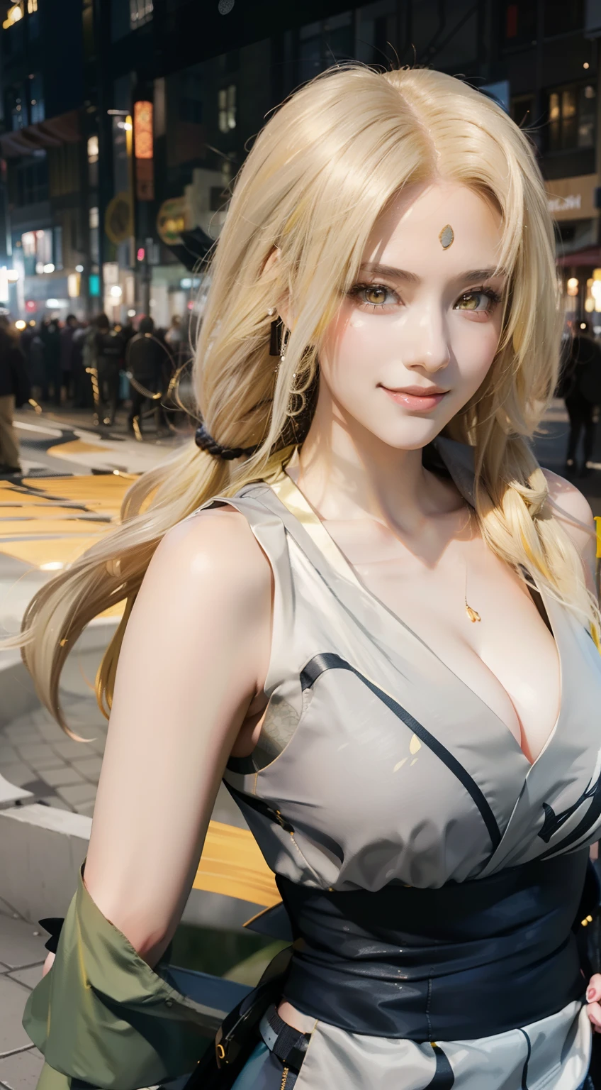 1girl, tsunade, long hair, sexy dress, yellow hair, yellow eyes, smile, beautiful, grey clothes, very big breast, sexy clothes, outdoor background, ultra detail, realistic
