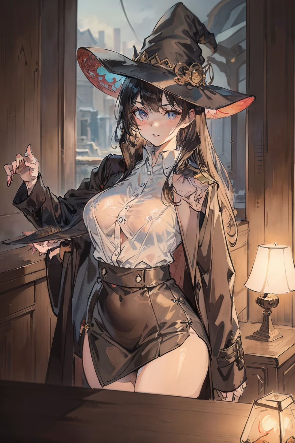 Perfect anime illustration, 1girll, Dark gray hair, Curly hair, matching hairstyle, browneyes, inquisitive，curiosity，Pleasure, ((matching outfits, Light brown transparent student uniform shirt，Uniform skirt，Dark brown detective style coat，Leather booties)), matching hairstyle, Fantastic stylistic foundation，A dragon hovered behind the girl，Cross legs，（Where one leg is folded over the other），Lady，Dark blue pantyhose, A high resolution, full bodyesbian, Pose，Raised sexy，sexyposture （（（tmasterpiece），（Very detailed CG unity 8K wallpaper），best qualtiy，，独奏，1girll，cinmatic lighting，detailed back ground，beatiful detailed eyes，Bright pupils，（Very fine and beautiful），（Beautiful and detailed eye description），ultra - detailed，tmasterpiece，）），witch，Witch hat，Dragon's horn，mmorpg，nipple play，Game panel，Game perspective，watery，Lace pattern，cleanness，Raised sexy，camel-toe，Wet， Bright colors，Witch hat has a dragon pattern，The shirt is transparent and shows bra，sexy bra，Pantyhose wrap around the hips open at underwear