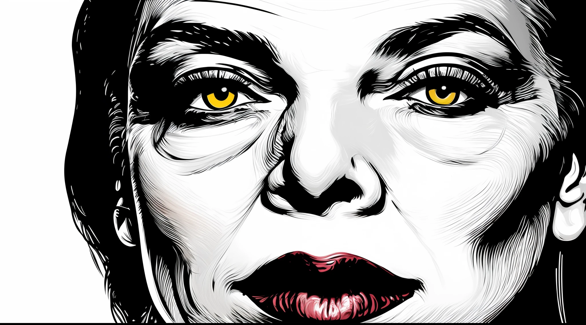 altamente detalhado, belo retrato (caricatural) de uma mulher de olhar sinistro, cinematic lighthing, Dramatic black and white lighting, illustration by vector_art, oil-painting, acrylic painting, CGSociety, ArtStation, (hiperrealismo), (fotorrealismo), arte de Greg Rutkowski e Frank Frazetta, artstation, pintura com cores vivas, alto contraste, hiper-realismo, fotografia de retrato fotorrealista detalhada, fundo branco, ((arte de linha detalhada)), hand-drawn digital painting, estilo de arte de andy warhol