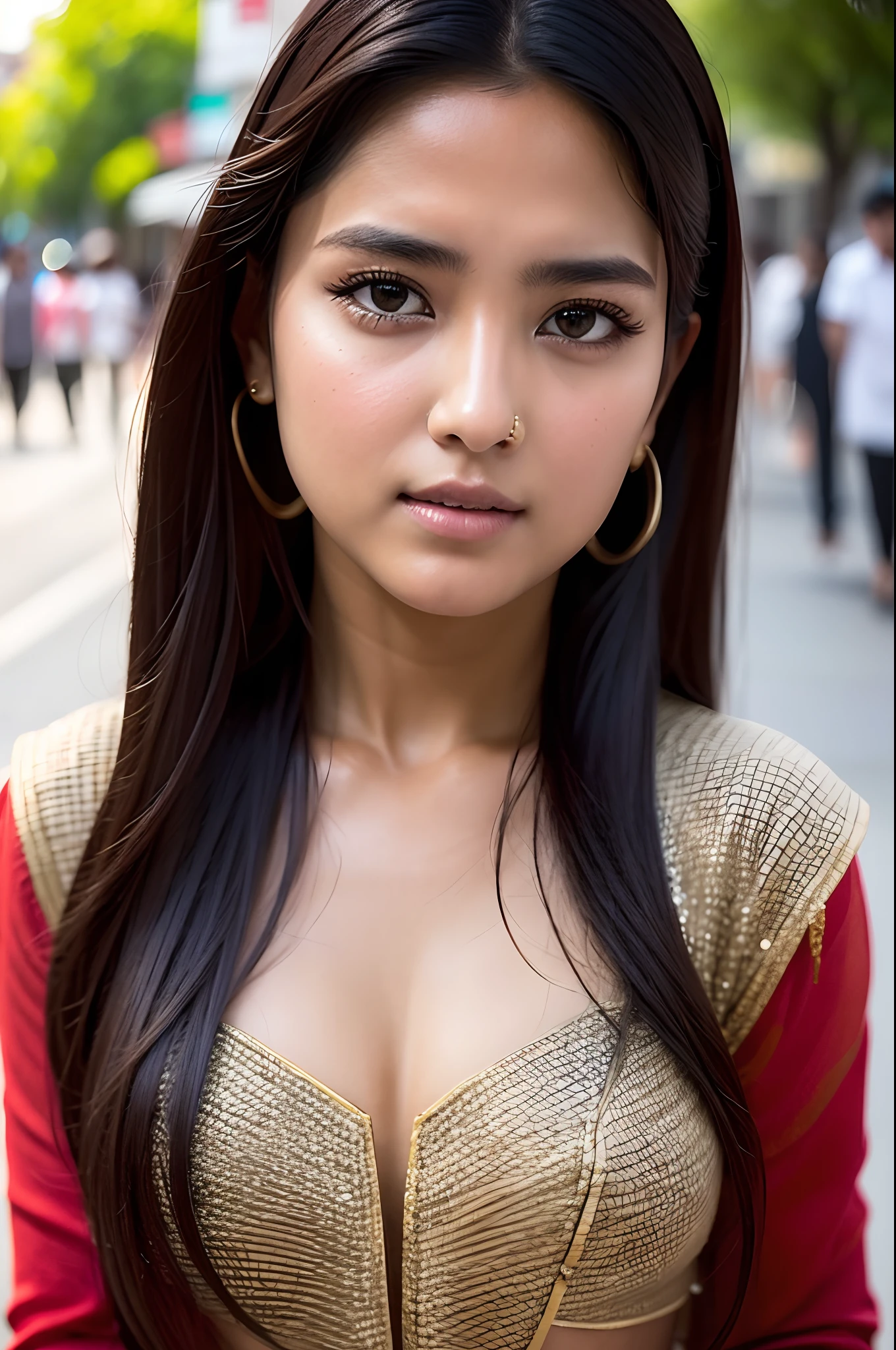 （realisticlying：1.8），
Close-up portrait of a woman,
Extremely detailed clothes，
As a fashion model，in a city street，Random people，Model shot as Instagram post