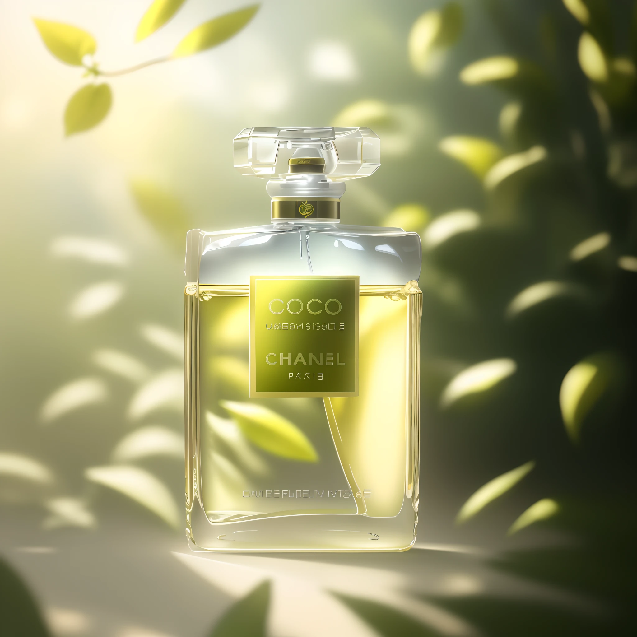 Masterpiece, best quality, (very detailed CG unified 8k wallpaper) (best quality), (best illustration), (best shadow) Nature Valley Delicate foliage Petals of various colors falling in the air Ray tracing, ultra detailed, label white, background solid color, yellow soft light irradiation, perfume bottle is made of glass --v6