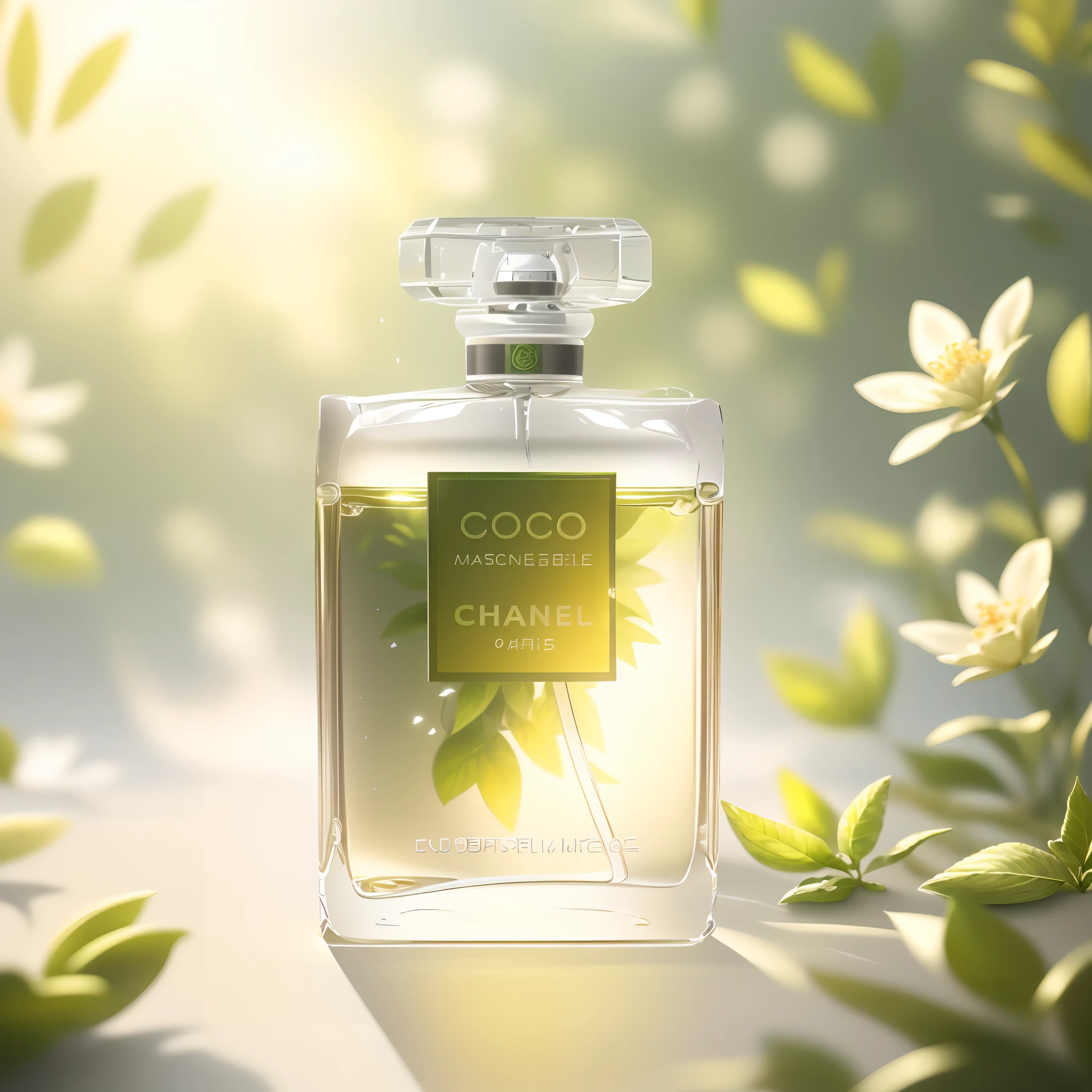 Masterpiece, best quality, (very detailed CG unified 8k wallpaper) (best quality), (best illustration), (best shadow) Nature Valley Delicate foliage Petals of various colors falling in the air Ray tracing, ultra detailed, label white, background solid color, yellow soft light irradiation, perfume bottle is made of glass --v6