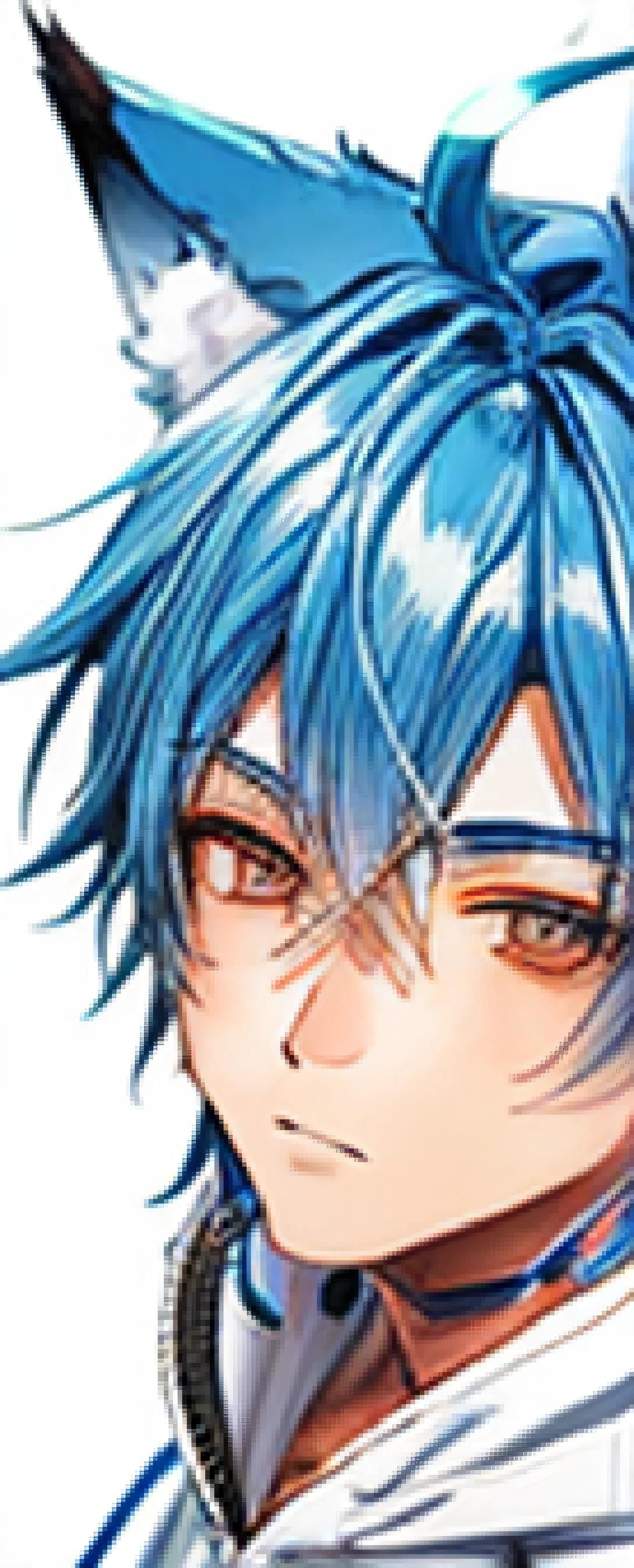 a close up of a boy with a blue hair and blue fox ears wearing a white hoodie, anime style, closeup picture, sprite 2 d, anime vtuber closeup model