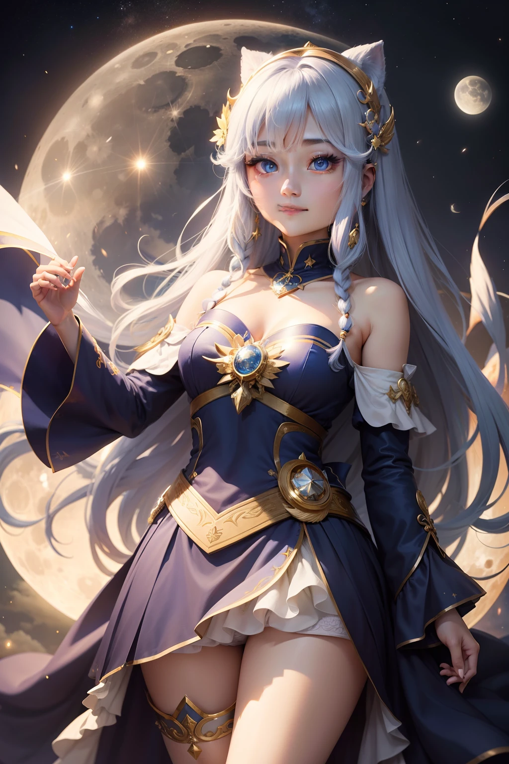 Name is Kana, Comet priestess watching over the moon and stars。Look up at the moon and smile as if praying。Blue eyes。Shoulder costume。