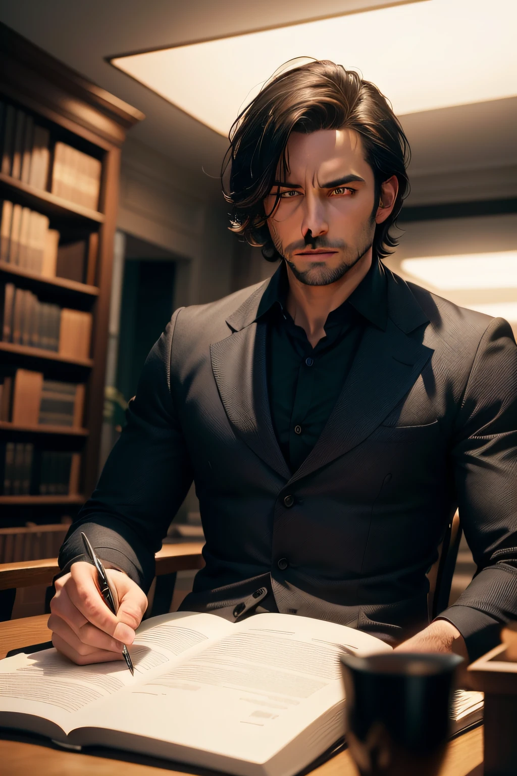 Create an image of a 35-year-old man with dark hair, wearing a black dress shirt, black shoes, and blue jeans, sitting in an office chair. It is positioned behind a beautiful desk, which has cinematic decor and is set in a library setting. The background of the image should be dark, with details of bookshelves full of books, soft lighting and decorative elements that evoke an elegant and intellectual atmosphere. The lighting focuses on the man and the table, creating a dramatic and inspiring scene. Surrealism, drop shadow, atmospheric perspective, 8k, super detail, ccurate, best quality, cinematografic