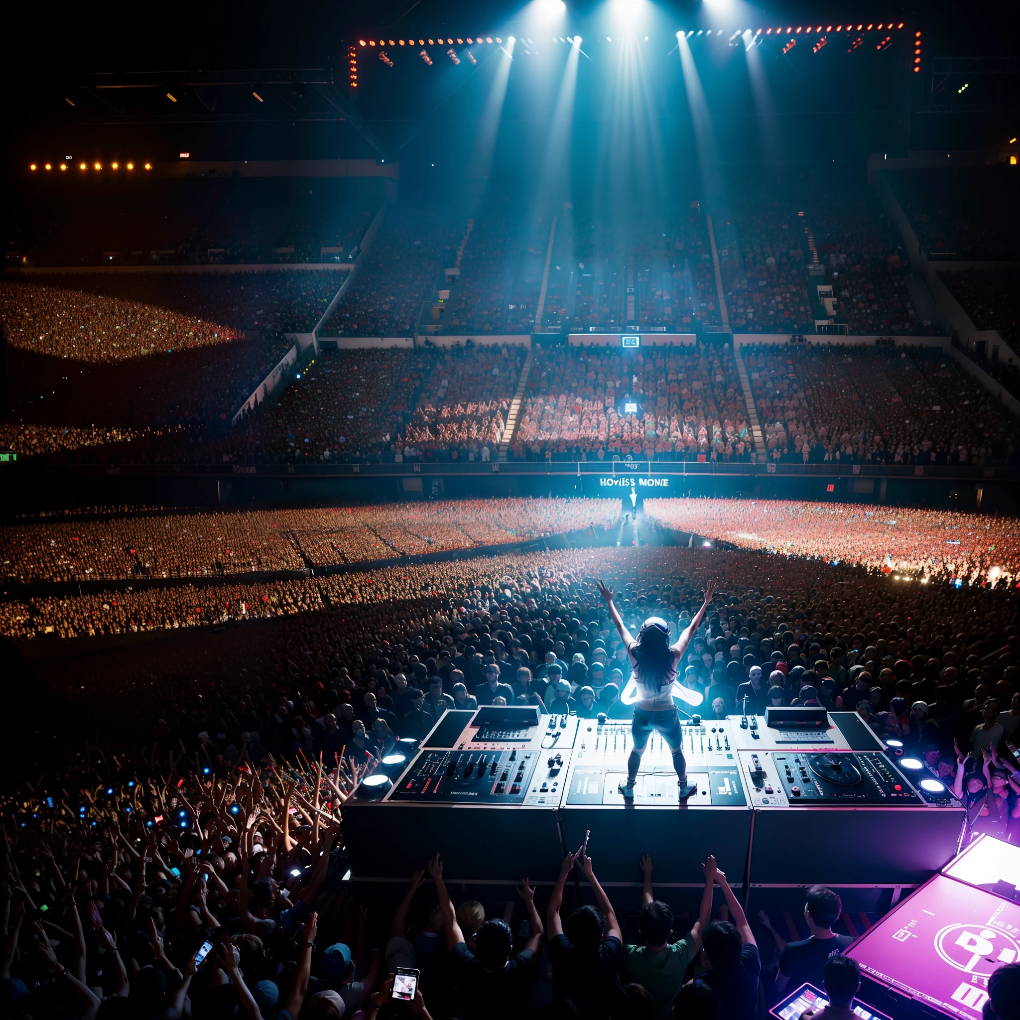 DJ on stage above the crowd, wearing headphones, focused on mixing console. Flashing lights, music fans enthralled and dancing to the beat. DJ's nimble fingers dancing across controls, playing energetic beats, crowd cheers rising and falling with music. Sea of people below, hands raised bouncing, DJ watching for feedback. Tweaking levels, blending melodies, improvising based on crowd response. On stage and off stage interaction, DJ leading the vibe, igniting a night of revelry. Spotlit DJ's heroic stance, motivating the music-mad crowd