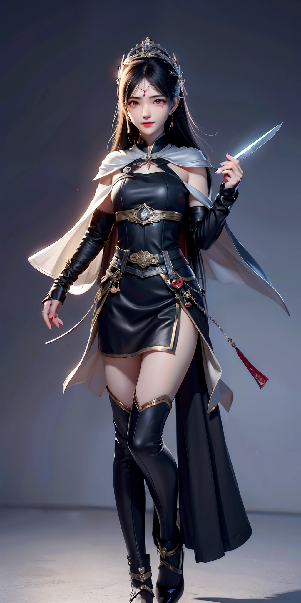 one-girl，assassins，Goose egg face，Slender eyebrows，The lips are thin, Black and straight，Rarely laughs，It always looks cold.（tear-mole），Hair half pulled，Half shawl，The pull-up part is tied with a small silver crown，chest、elbows、The waist has（Dark gray armor），Holding a demon knife，Full body figures，Height 170，simplebackground，HD，最好质量，China-style