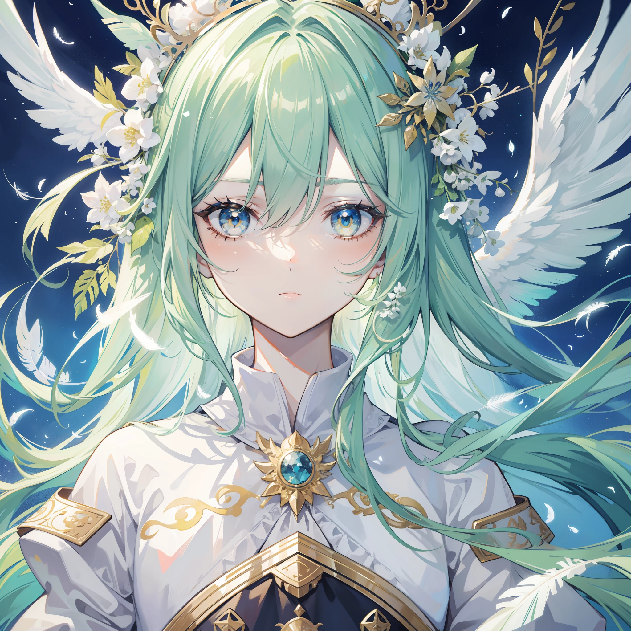1 man，Hair is light green，White silk tulle robe，elvish ears，The feathers of the bluebird，Golden eyes，European style，Face portrait