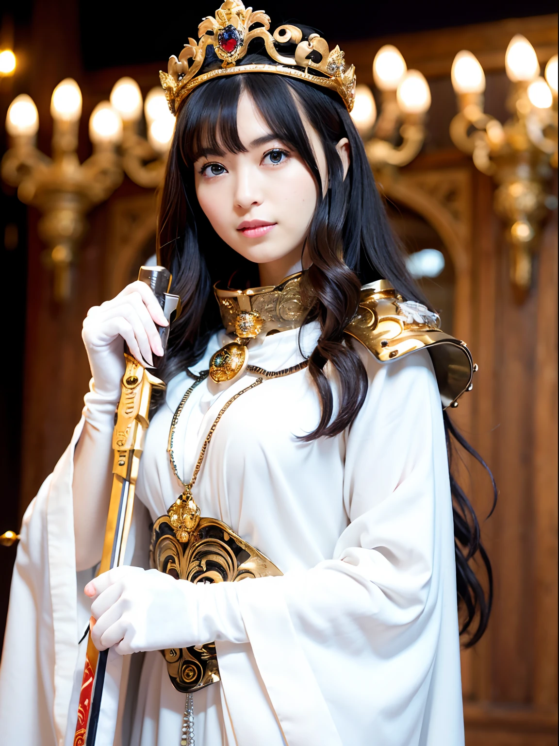 (masutepiece), Professional , ​masterpiece、top-quality、photos realistic , depth of fields （Gemstone Silver Metal Body:1.９),(Matte White、Jewel Gold Weapon（Jewel Metal Body:1.４),Gorgeous metal weapons , Detailed Sword of the Brave , Beautiful knife   ,warhammer 40k , adepta sororitas,Detail and ornate jewel crown、Black hair、Gangle's forest background、Beautiful Caucasian beauty、１a person、dynamic ungle,(((Detailed and ornate diamond crown)))、Smaller head、A smile、Take a sexy pose、Background inside the castle、Thin and beautiful female hands、