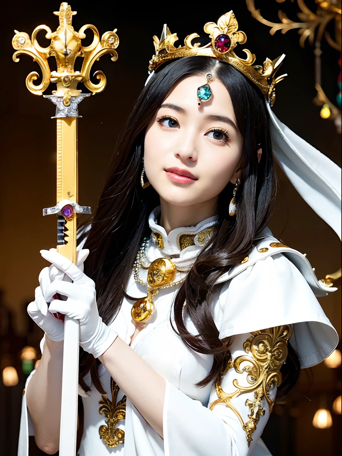(masutepiece), Professional , masterpiece、top-quality、photos realistic , depth of fields (Gemstone Silver Metal Body:1.9),(Matte White、Jewel Gold Weapon(Jewel Metal Body:1.4),Gorgeous metal weapons , Detailed Sword of the Brave , Beautiful knife ,warhammer 40k , adepta sororitas,Detail and ornate jewel crown、Black hair、Gangle's forest background、Beautiful Caucasian beauty、1a person、dynamic ungle,(((Detailed and ornate diamond crown)))、Smaller head、A smile、Take a sexy pose、Background inside the castle、Thin and beautiful female hands、